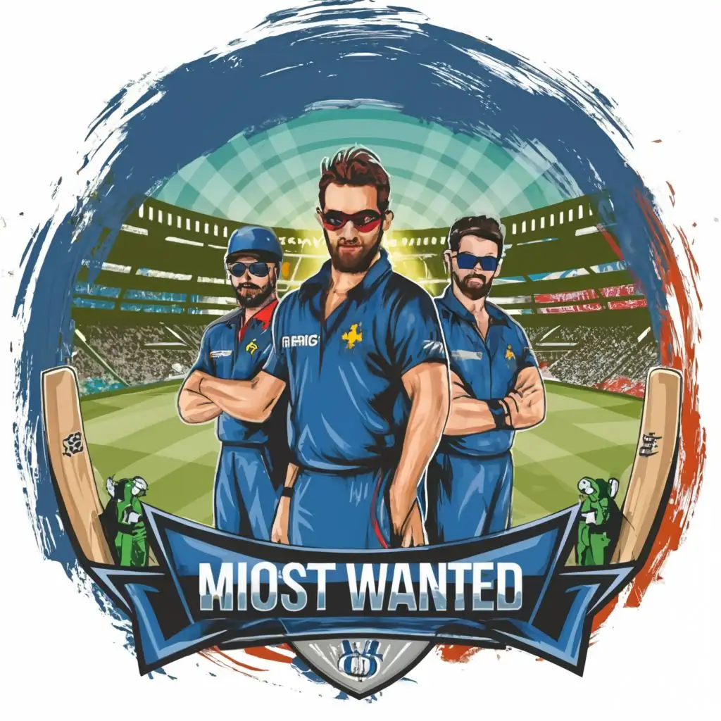 Create a Cricket Team Logo With the name "MOST WANTED", Players wearing dark blue color jersey and Sunglasses in the cricket ground AND BRIGHT COLOUR BACKGROUND.