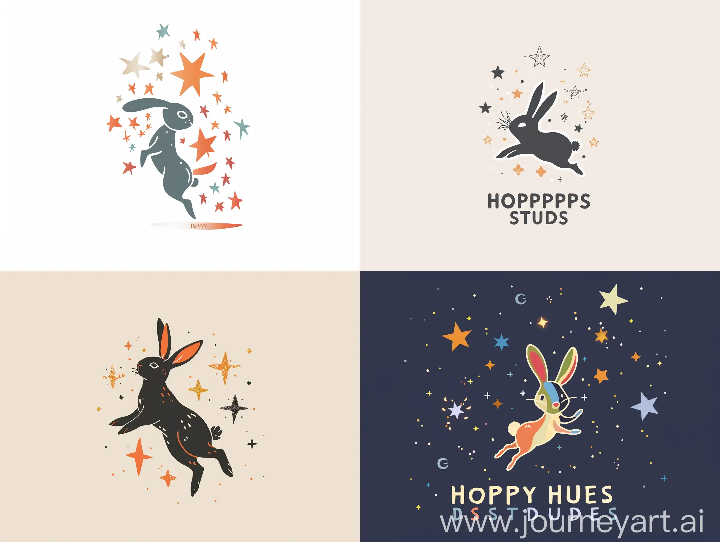 An emblem logo for a design studio called 'Hoppy Hues studio', featuring a rabbit hopping towards the stars, to symbolize magical creativity