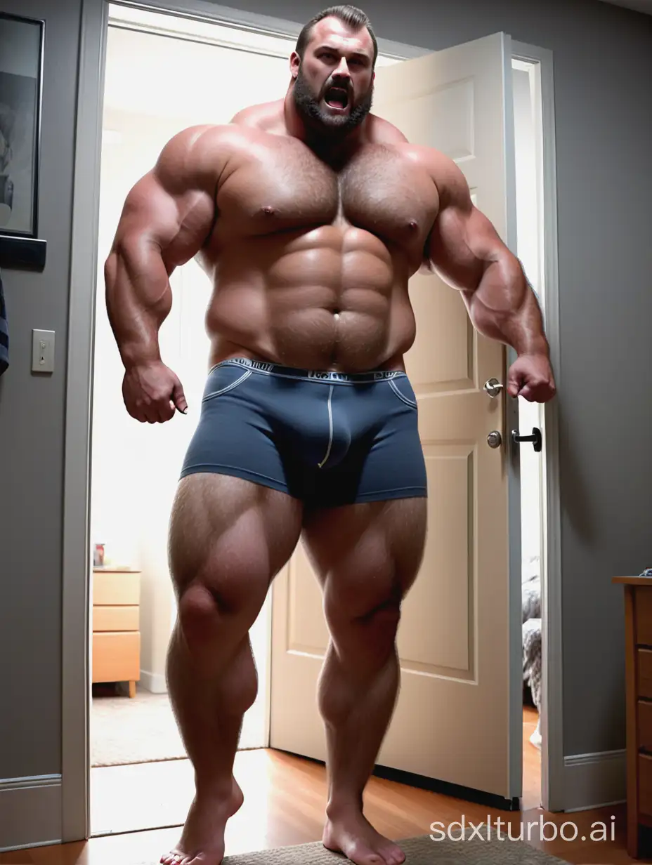 beefy manly muscle handsome bear bully neighbor. White skin and massive muscle stud, much bodyhair. Muscle posing at his open apartment door. Huge Fat Strong body. Long strong legs. Full body diagram. Very tall. Big Chest. Big biceps. 8-pack abs. Very Strong. Long hair. Very Massive Body. Wearing underwear. Very Wide Body.