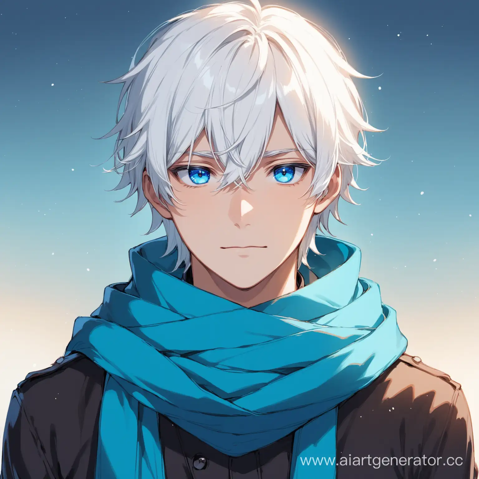 guy, solo, white hair, blue eyes, blue scarf in eye color, calm face