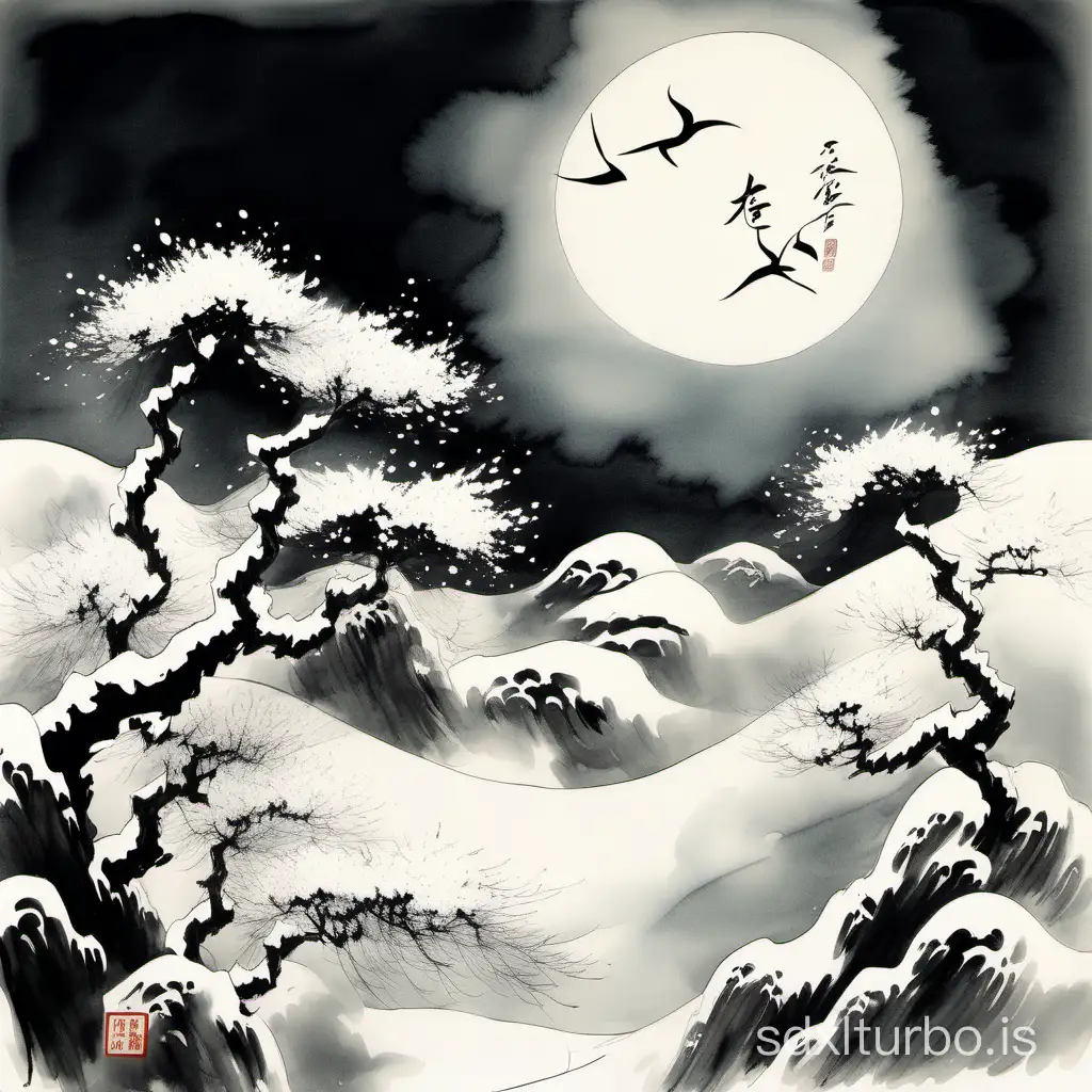 wind, flowers, snow, moon, night time, Chinese ink painting