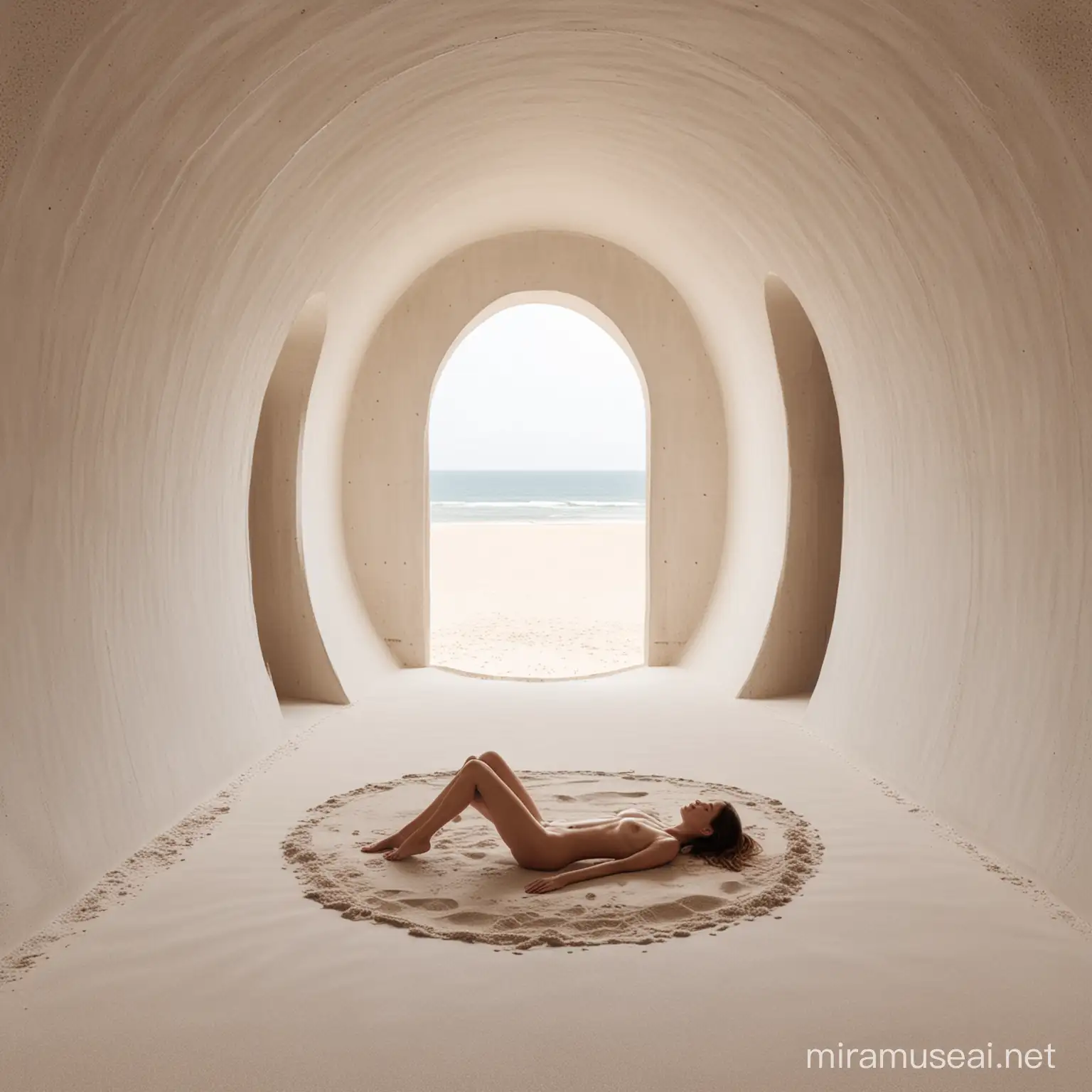 Nude Woman Resting in Minimalist Circular Sand Corridor