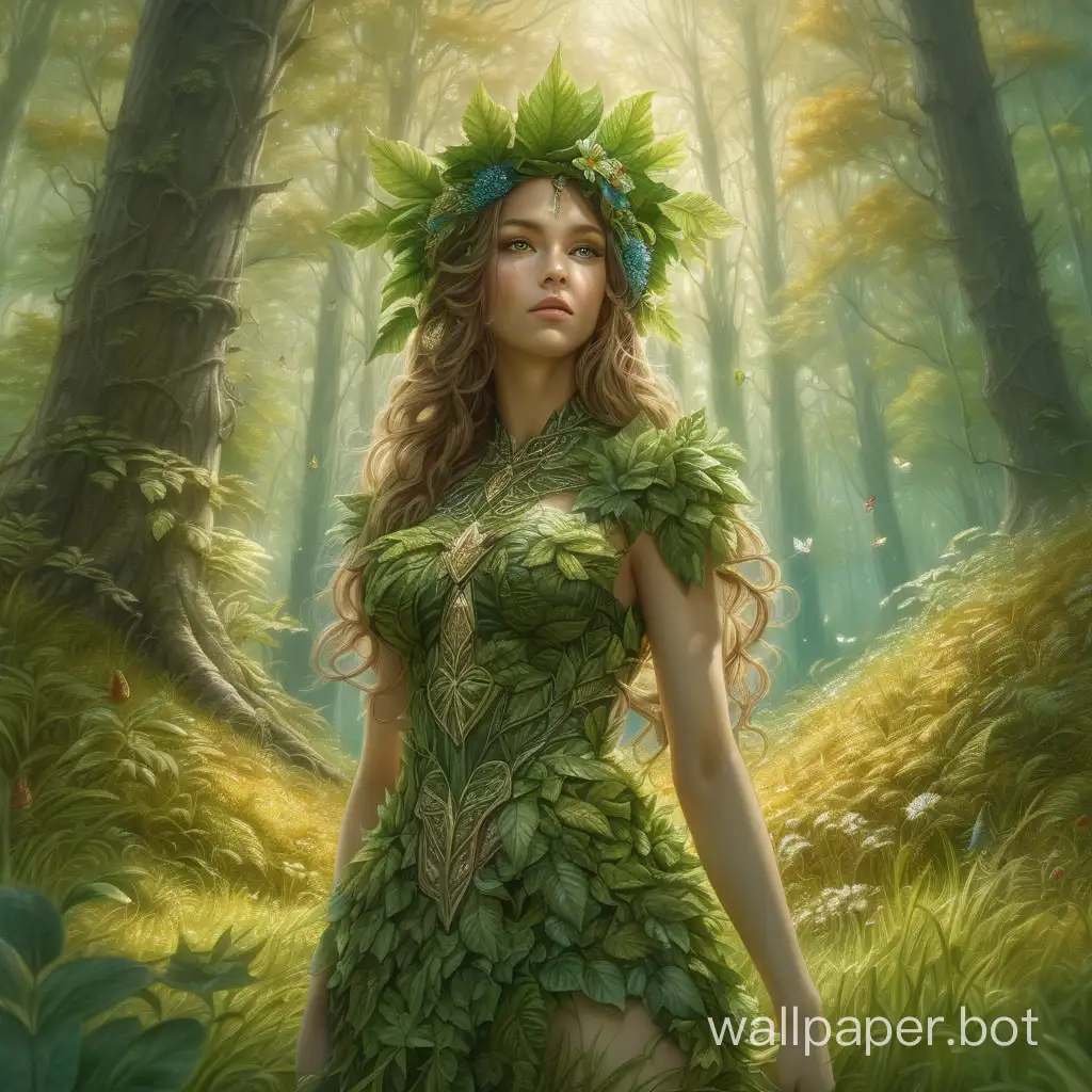 Imagine a woman in the forest, full-height, dressed in leaves, flowers, and grass. Stunning full-color images, canvas, oil, Greg Rutkovski, trends on ArtStation, sharp focus, studio photo, front view, intricate details, high level of detail