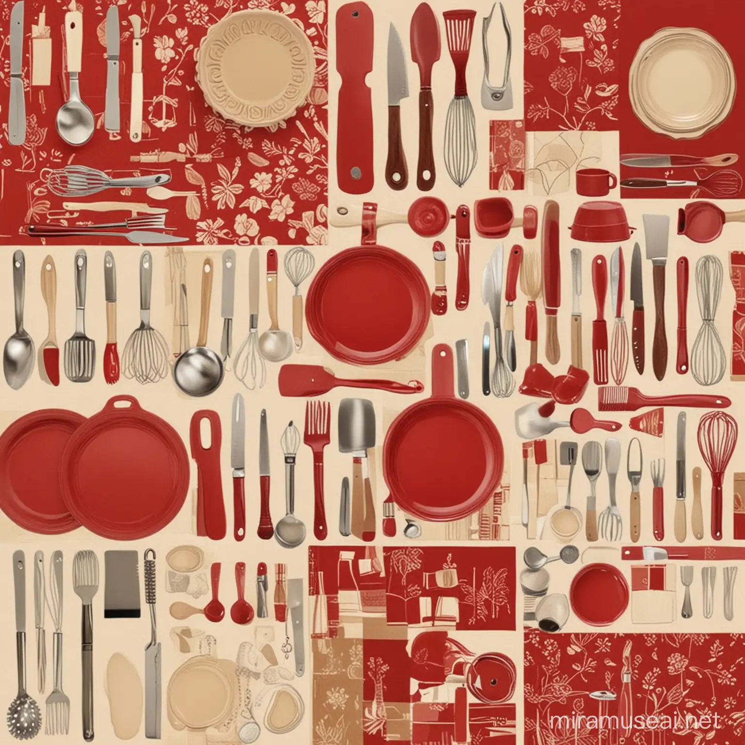 create a mood board for kitchen tools, red cream tan brown bold and warm colors, family oriented 