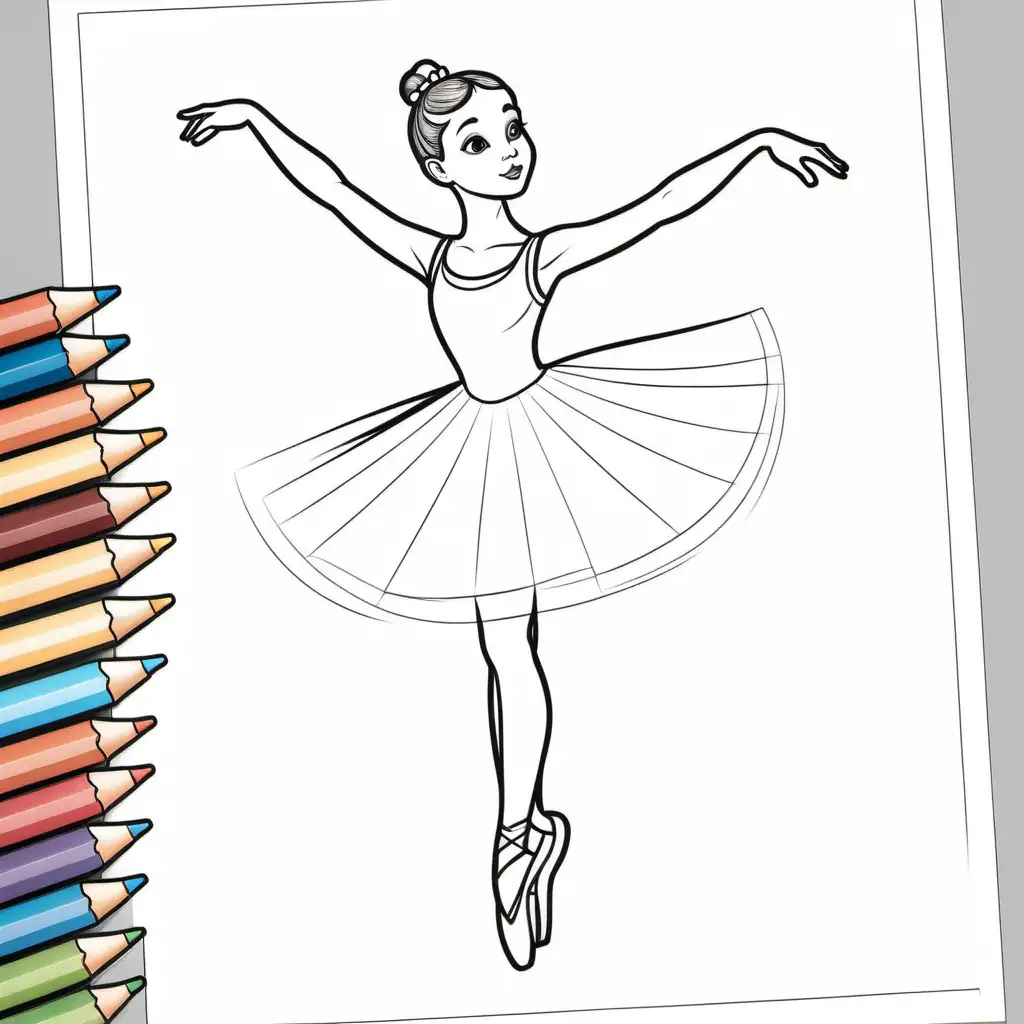 coloring page, first position, ballerina, cartoon style, low detail, thick lines, no shading -- ar 9:11