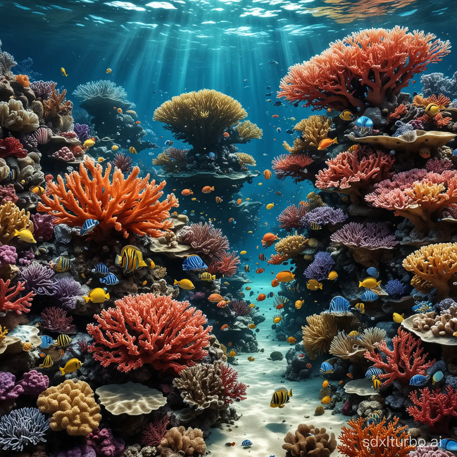 Underwater world, corals, various fish, various underwater creatures, hyper-realistic, high-definition