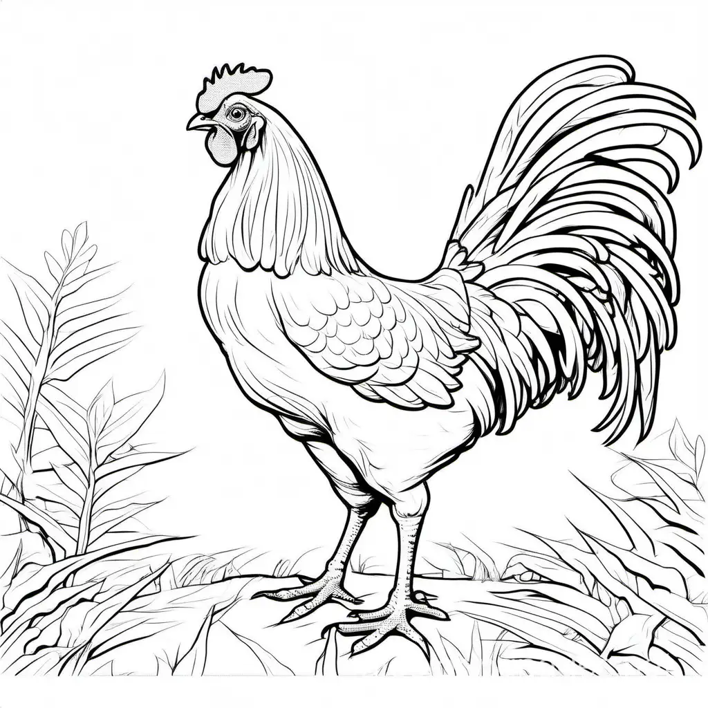 The Rhode Island Red Chicken, Coloring Page, black and white, line art, white background, Simplicity, Ample White Space. The background of the coloring page is plain white to make it easy for young children to color within the lines. The outlines of all the subjects are easy to distinguish, making it simple for kids to color without too much difficulty