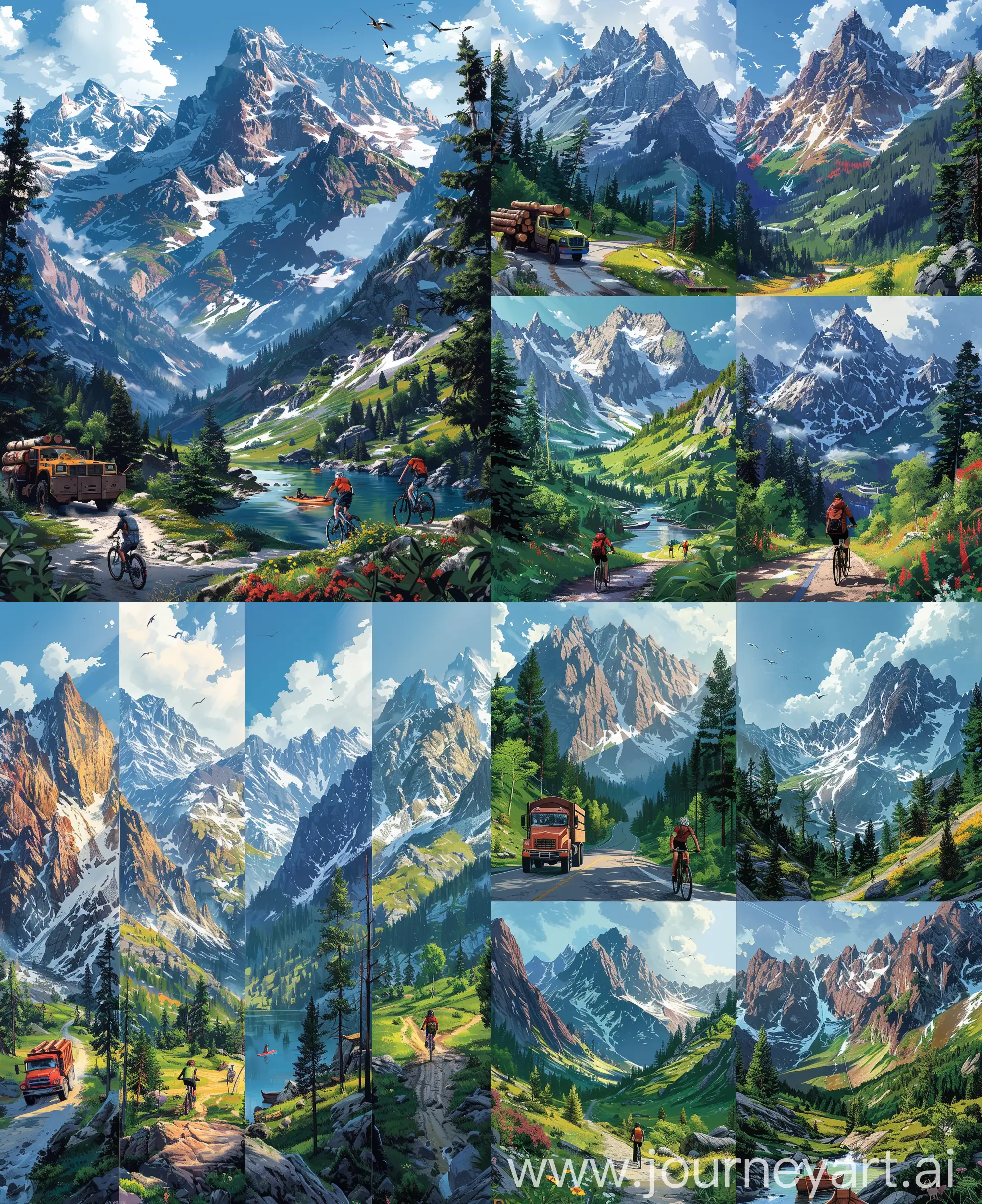Anime scenary, illustration, mountain road, Summer day, logging truck in one scenary, Mountain biker another scenary, mountain Hickker in another scenario, mountain valley boating scenary of men's, beautiful scenaries, mountain activities, nature retreat, beautiful anime illustration view, ultra HD, high quality resolution, no blurry image, "four different pictures" , no hyperrealistic --ar 27:33 --s 600