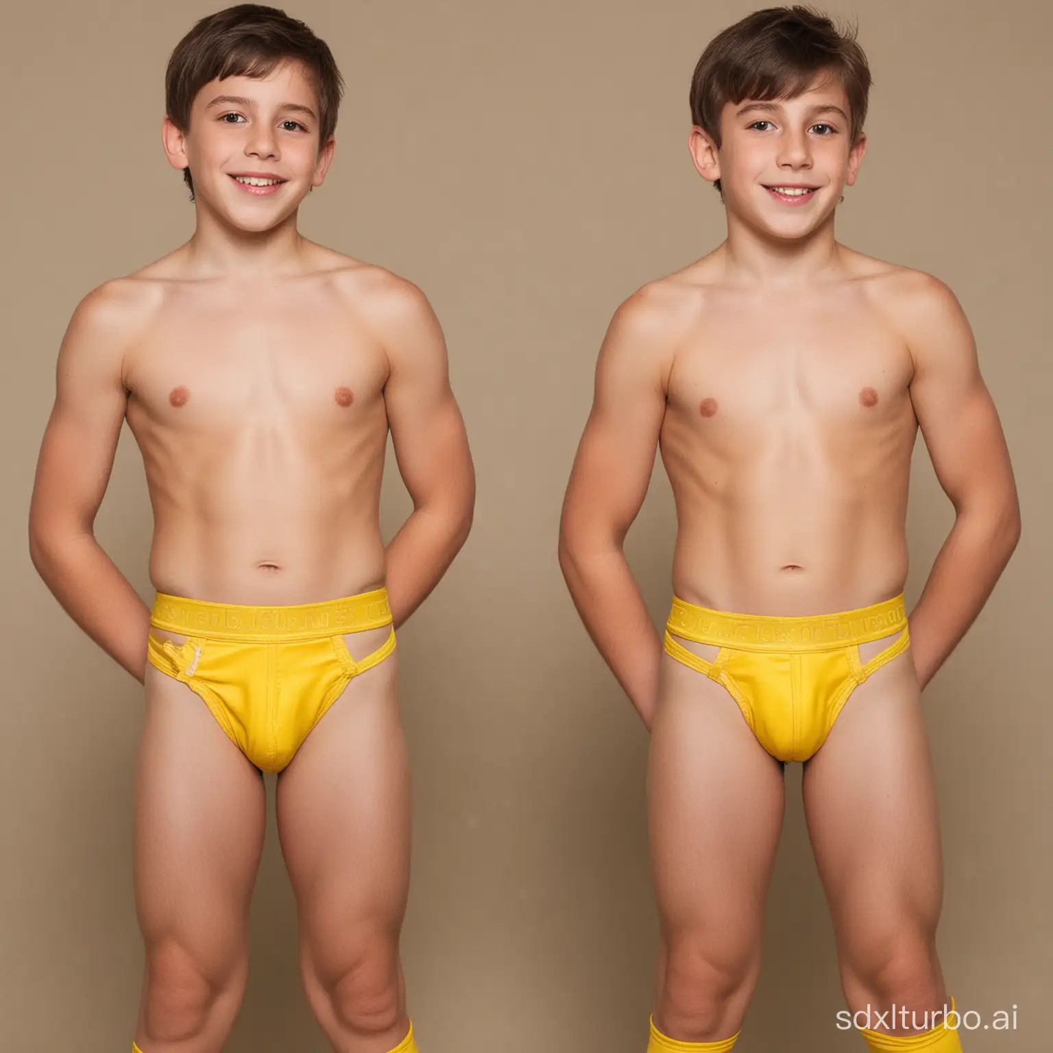 Two boys in yellow jockstraps