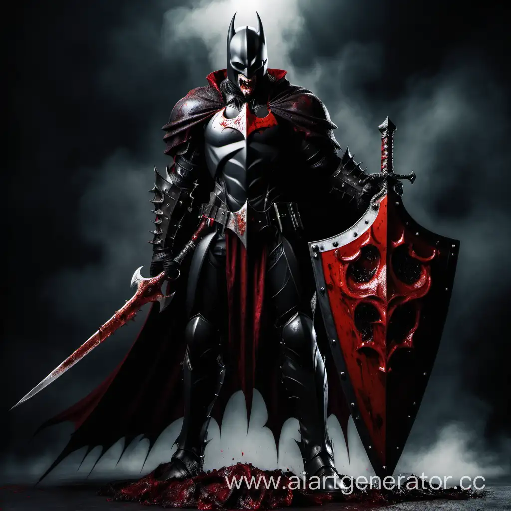 тёмный рыцарь вампир в шлеме в полный рост с мечом из крови и алым щитом