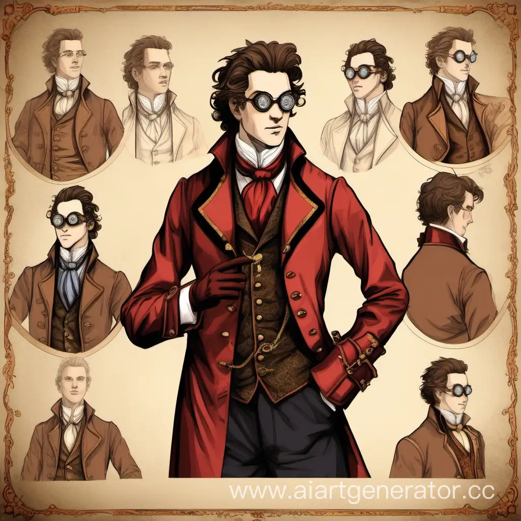 Make a portrait of an itinerant inventor of the 18th century. as in D&D, in a white coat. In a brown suit and with a red jacket and a white tie, he looks 20 years old. Also add black gloves. Also make the image itself look like it was drawn very beautifully. Make a few more hand gestures. And he has Goggle steampunk glasses. He also has light brown hair and they are of the "British" style