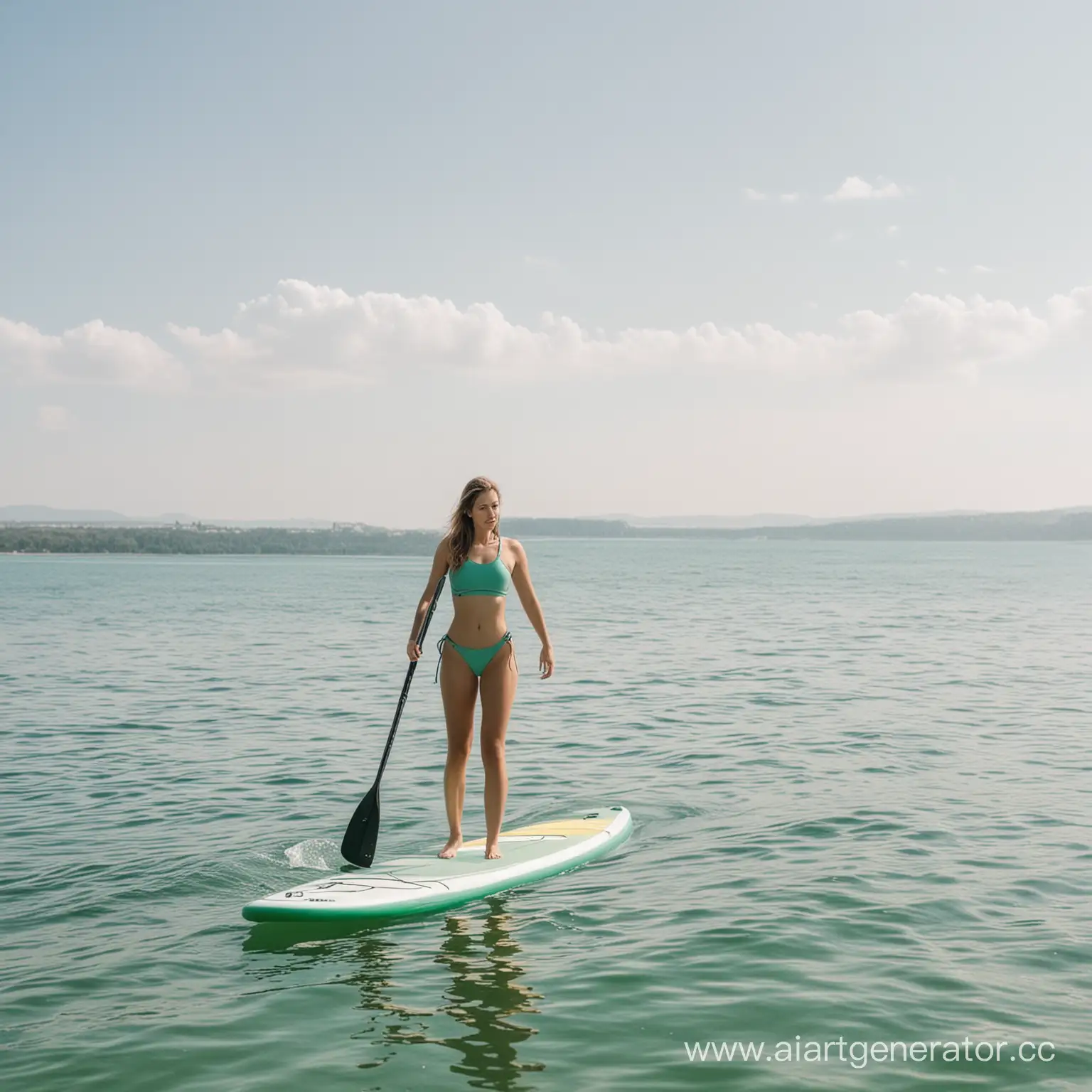 Graceful-Girl-Stand-Up-Paddle-Boarding-on-Green-Water