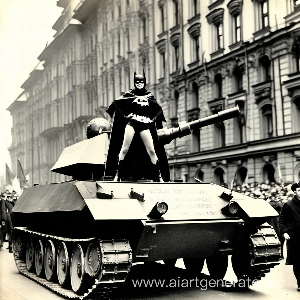 Бэтгёрл в Москве на первомайской демонстрации стоит на броневике. На заднем плане люди с транспарантами с красными флагами СССР. 1917 год