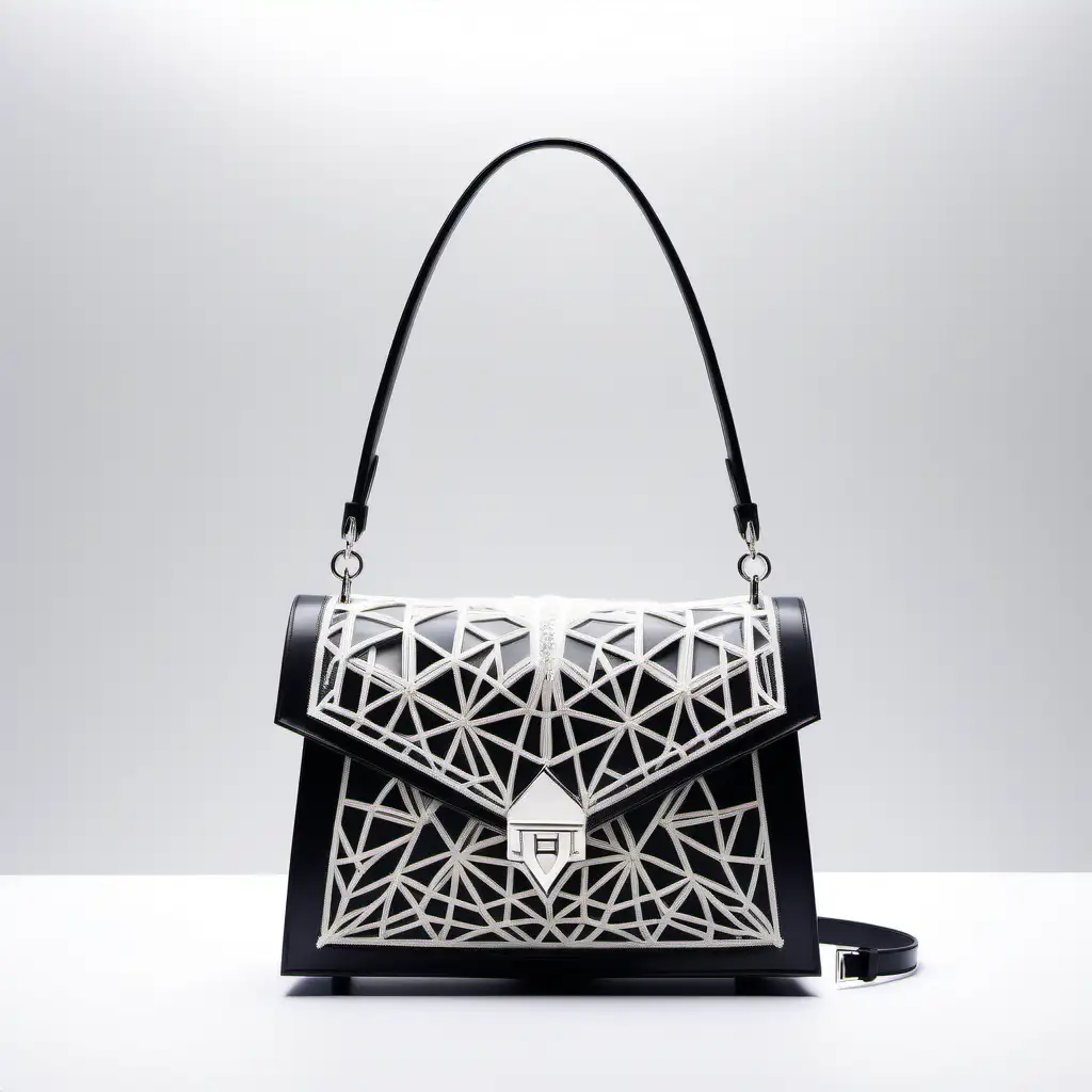 Small innovative luxury bag in ldagher and lace of same color - geometric flap and metal bucklw -frontal view- monochrome