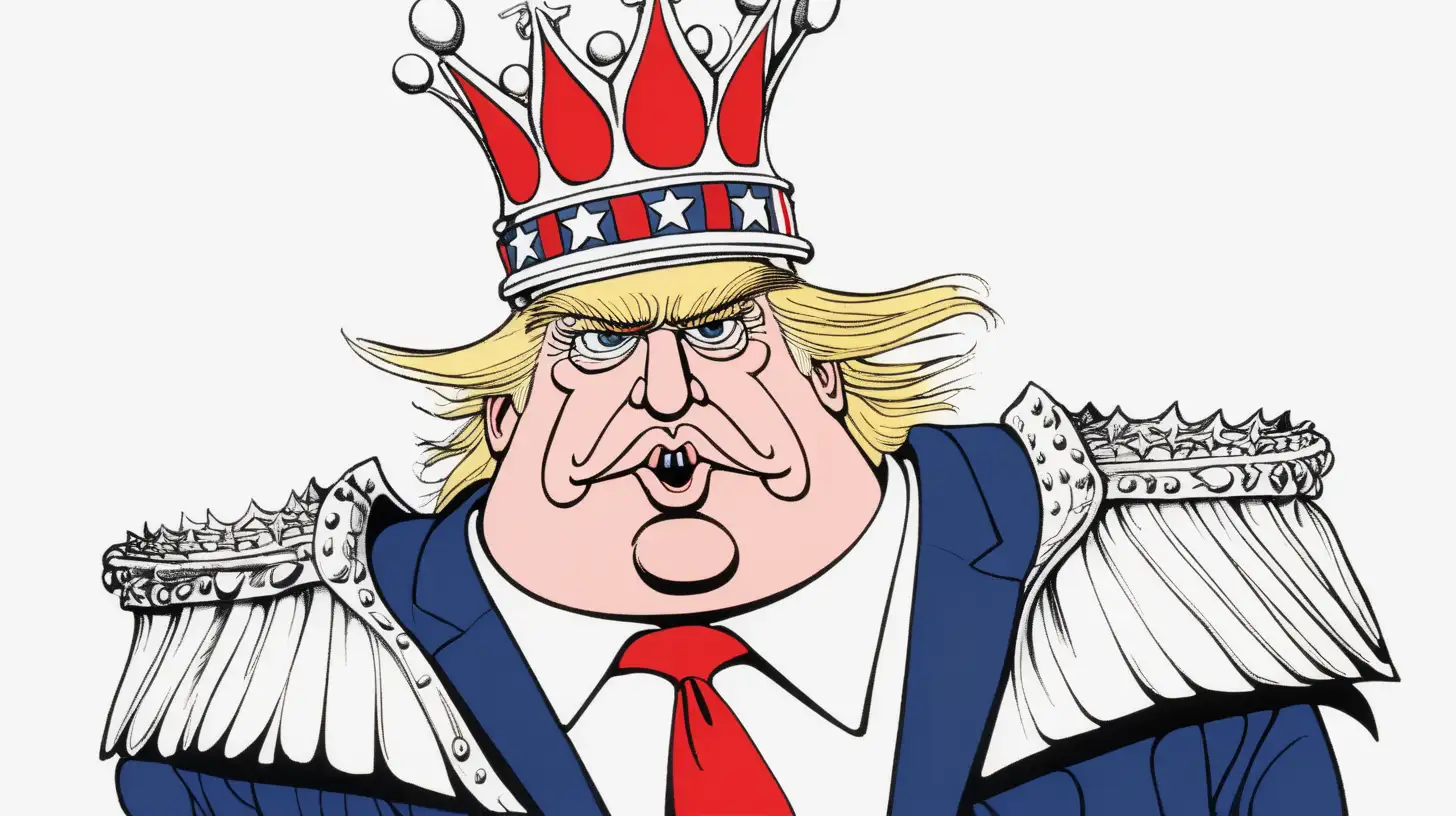 Surreal Gerald Scarfe style cartoon of a proud Donald Trump dressed as an American King.  Grotesque and satirical.  Clean white background.