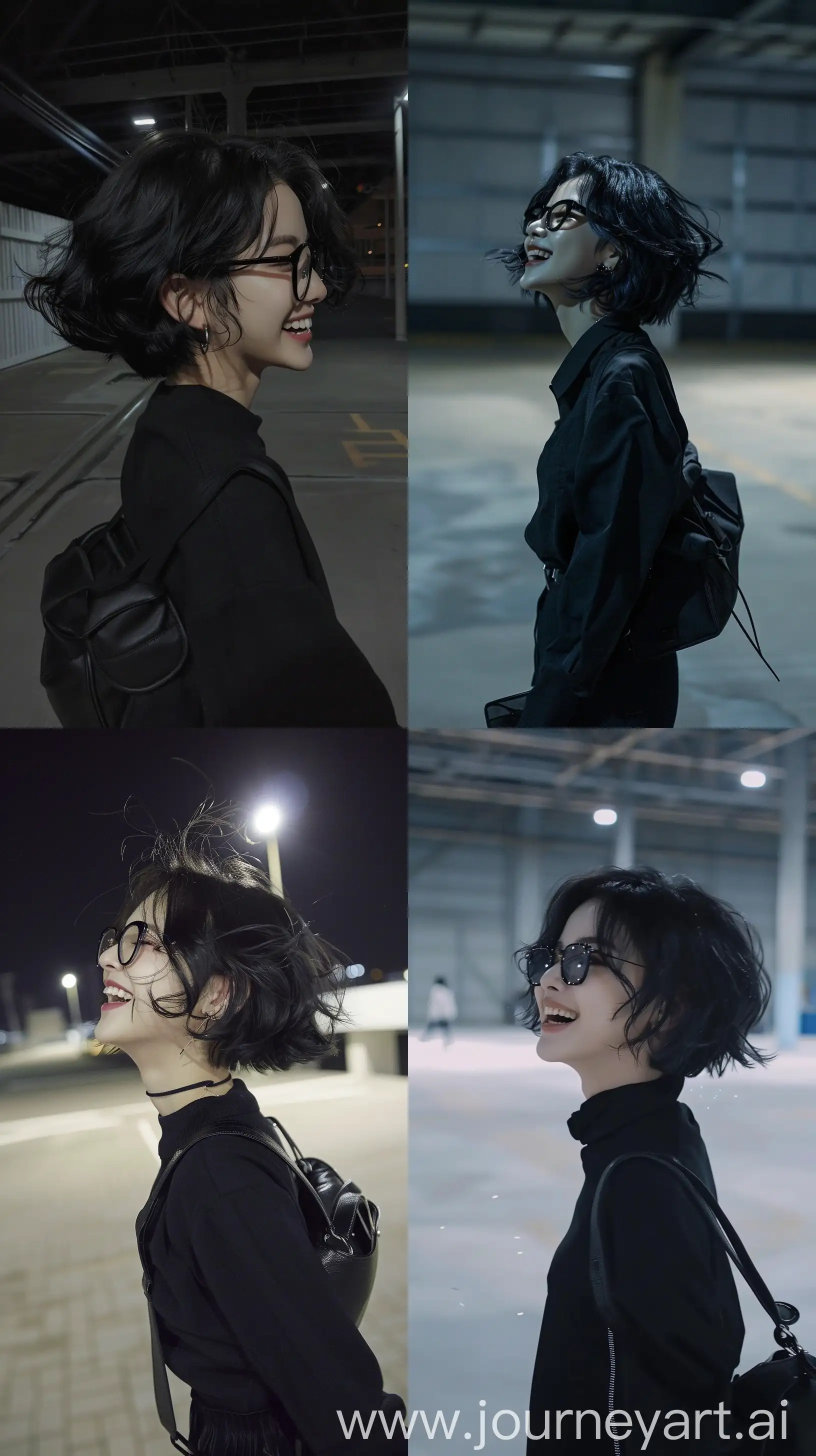 aestethic selfie, blackpink's jennie,black short wolfcut hair, wavy, black shoulder bag, walking on empty room night time, smile, profile , black frame glasses, throw face away --ar 9:16