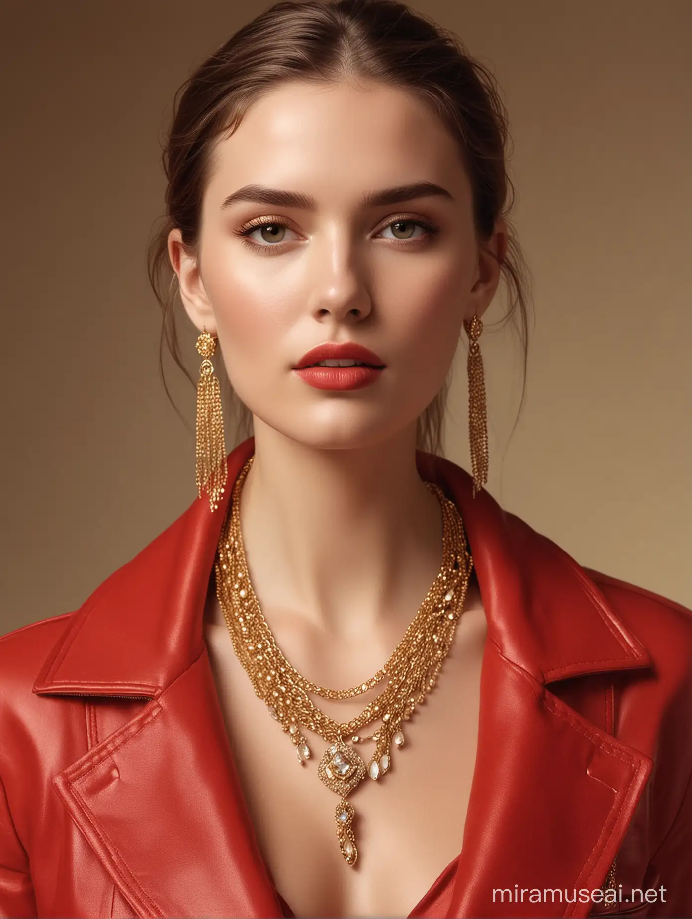 Fashion Model in Red Jacket with Elegant Gold Jewelry Rich Solid Style