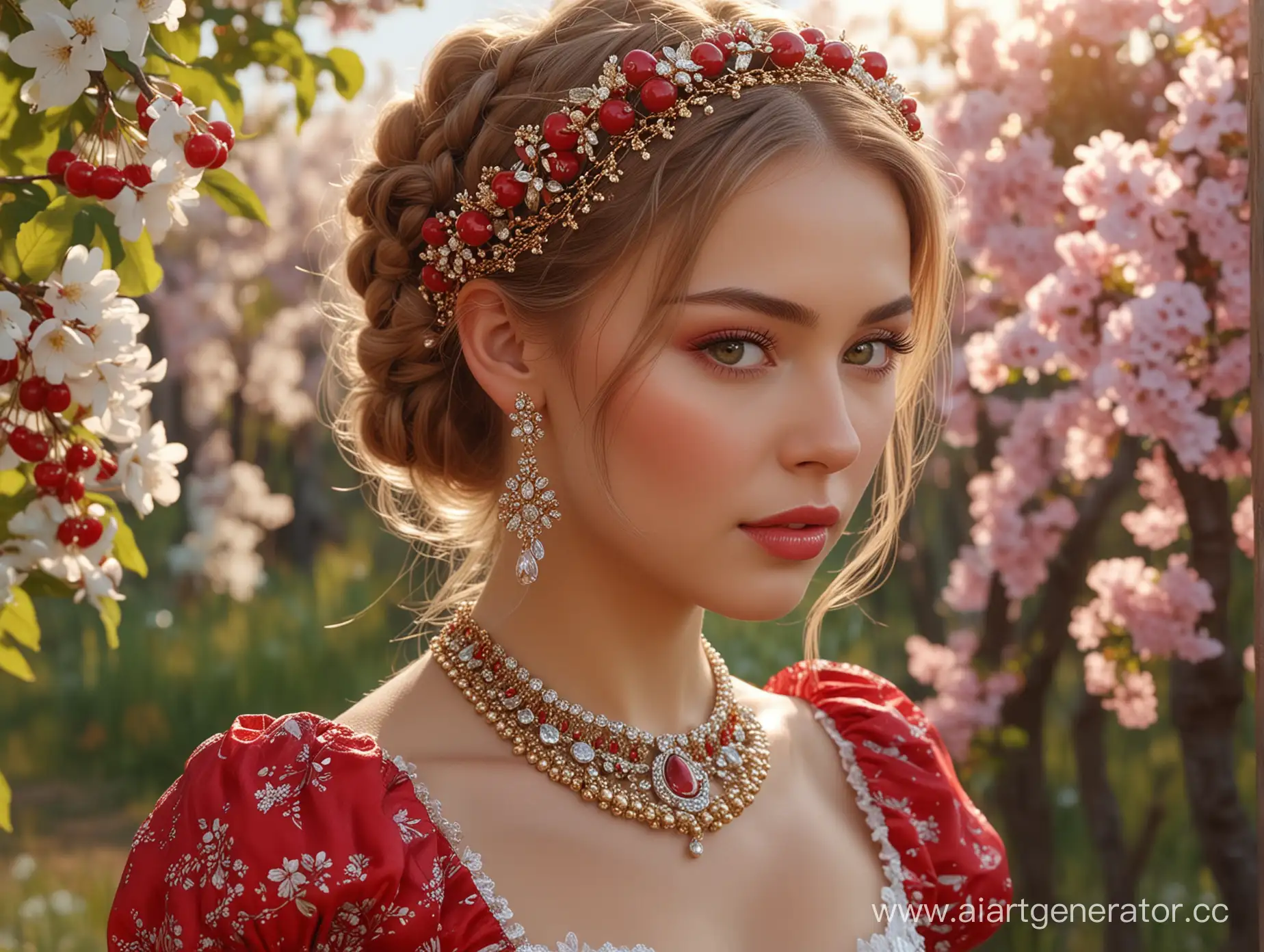 Elegant-Russian-Woman-in-Traditional-Attire-with-Cherry-Orchard-Backdrop