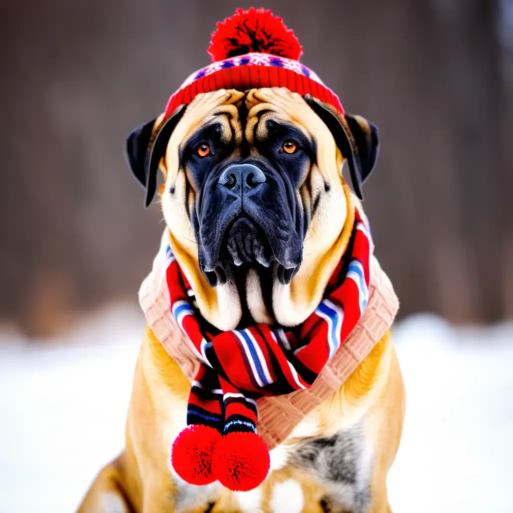 handsome bullmastiff wearing hat with pom pom and scarf
