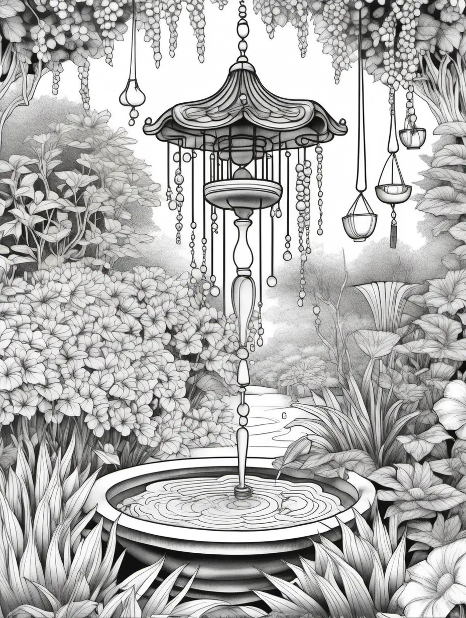 Tranquil Meditation Garden Coloring Page Serene Zen Fountain and Wind Chimes