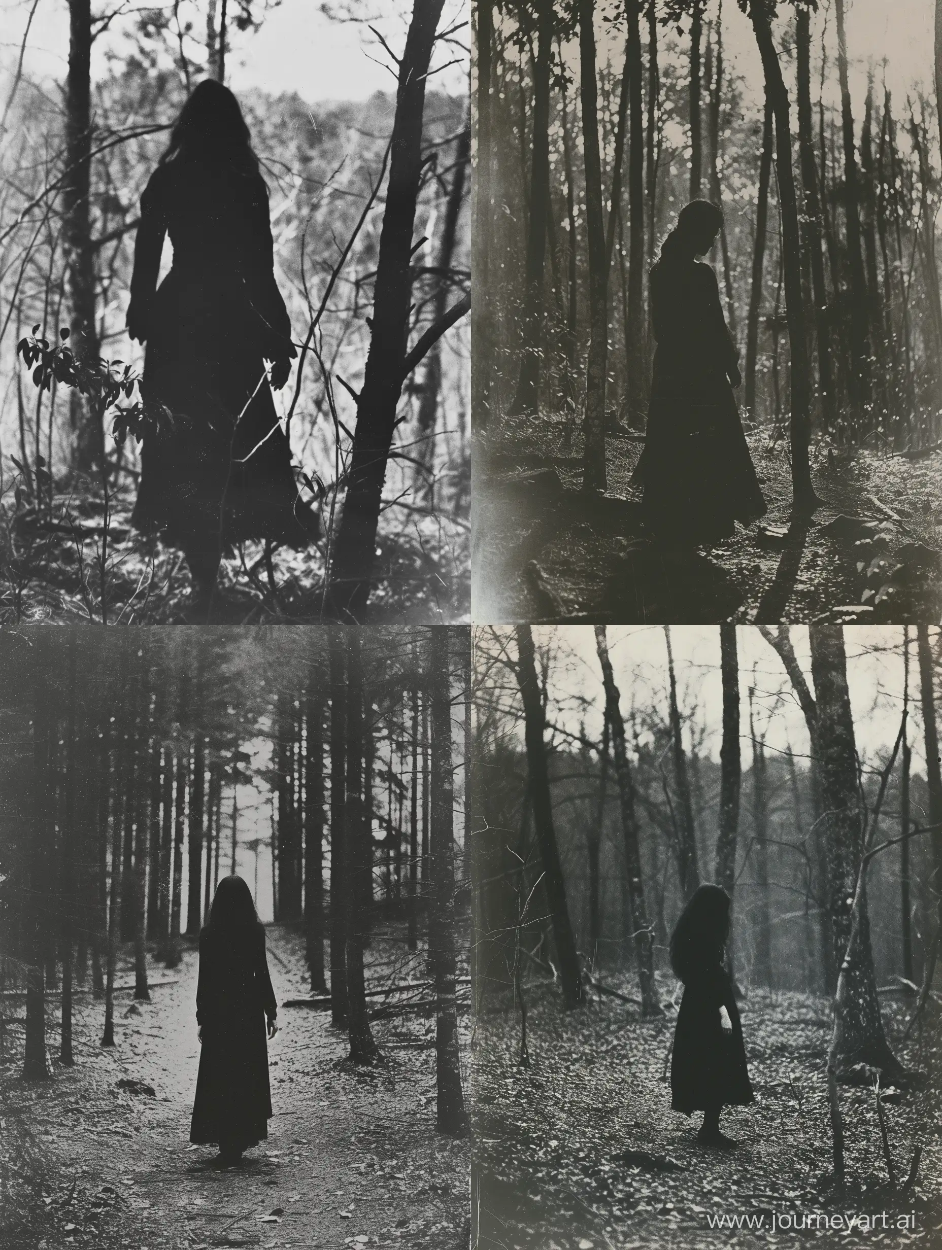 Demonic enigma woman, minimalistic forest, grayscale, horror core occult core, expired 35mm film, by David Octavius hill