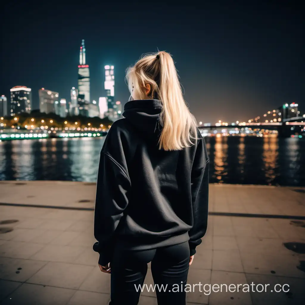 Blonde-Girl-in-Black-Hoodie-Standing-Alone-in-Evening-Cityscape