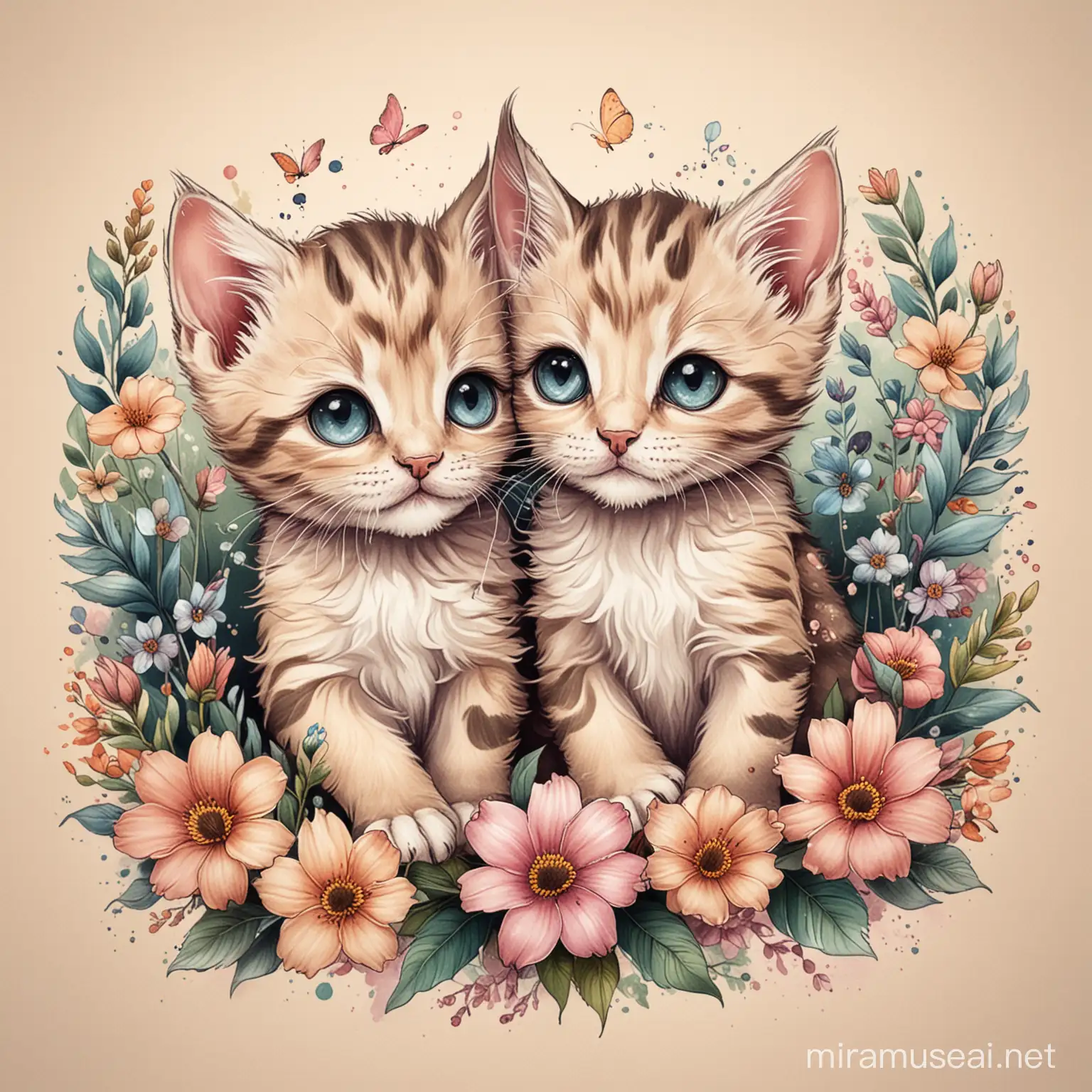 Playful Kittens with Flowers Tattoo Design