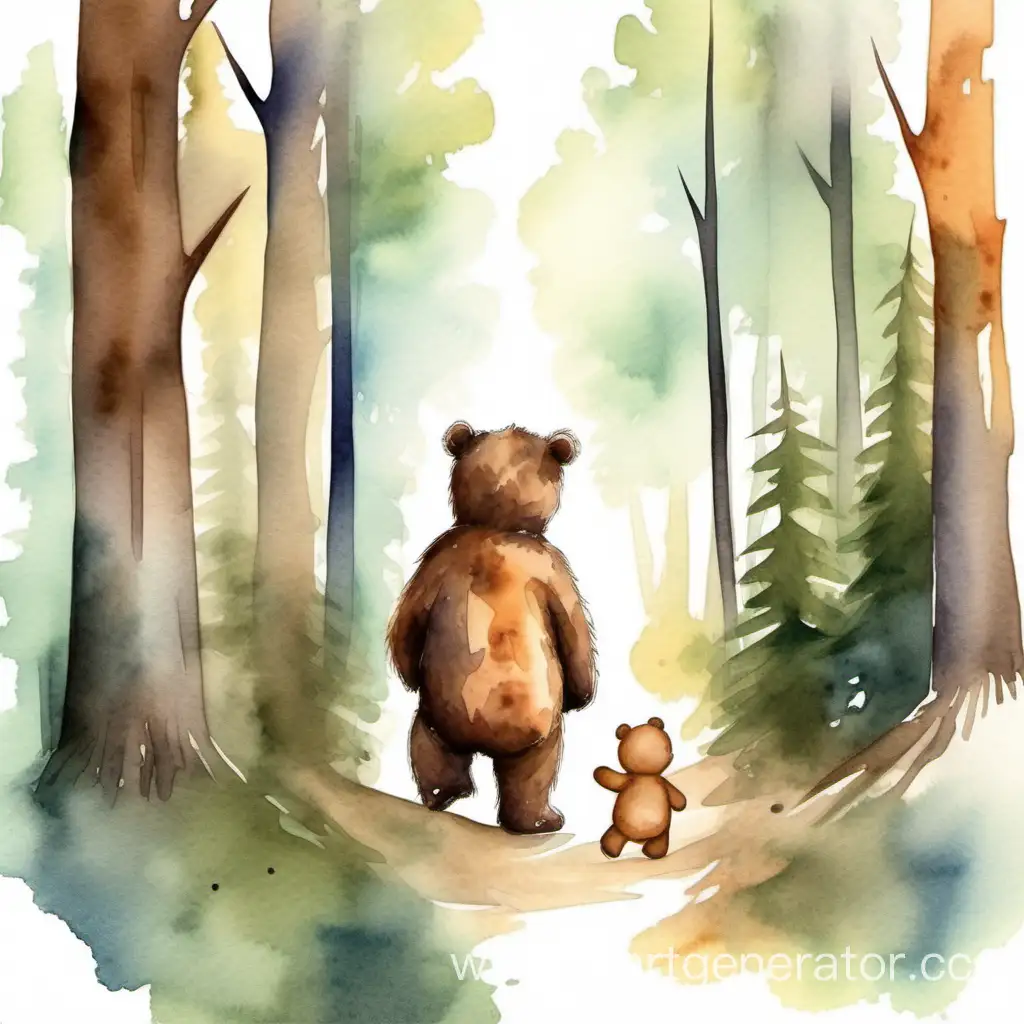 A bear is looking back in the forest. A little teddy bear is greeting him. Watercolor style.
