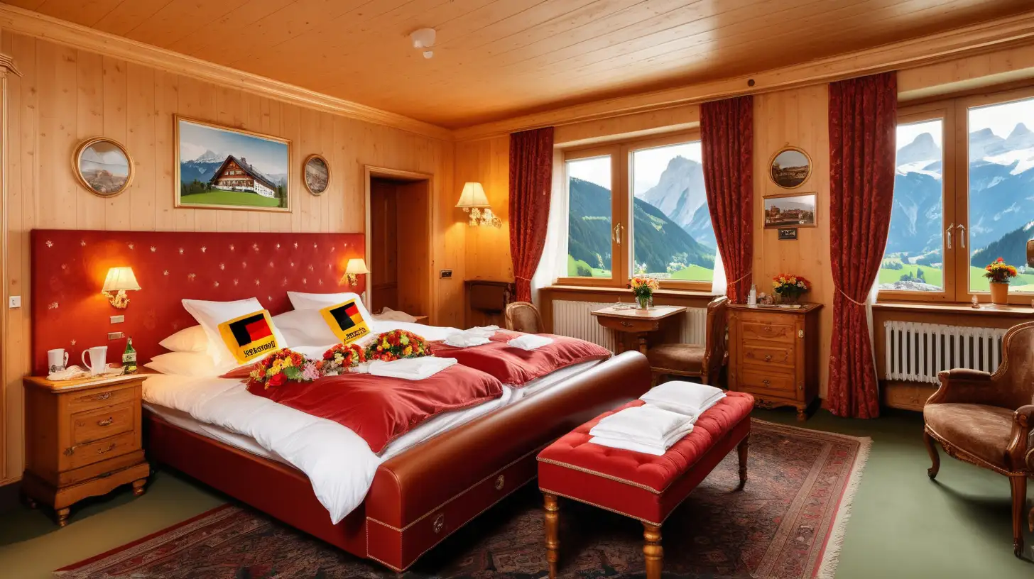 very expensive hotel room, decorated over the top with traditional german furniture, german flag, beer, sausages, lederhosen, german flowers, german alps,  and all stereotypes of Southern Germany