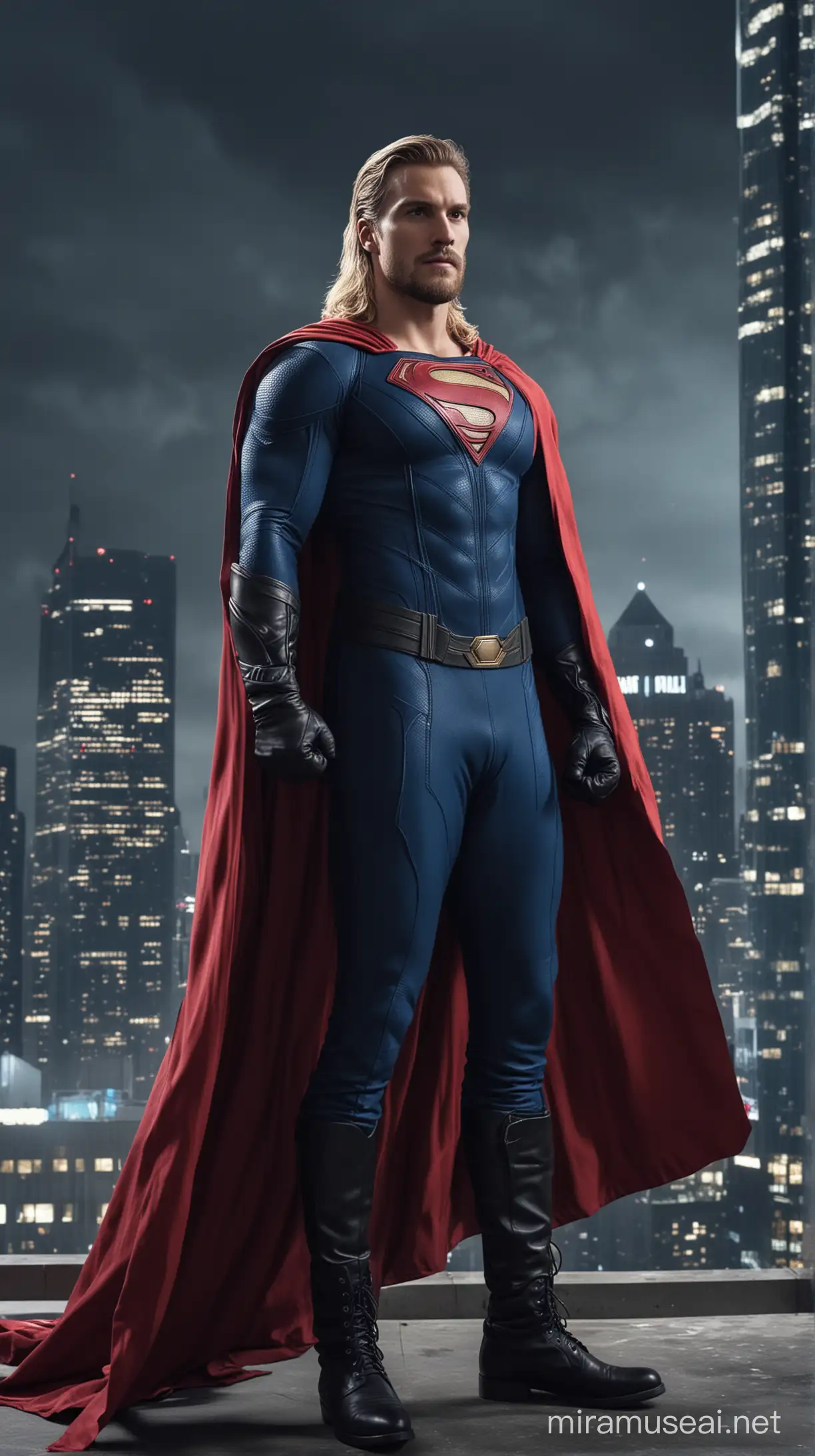 Chris Wood, the muscular superhero with his long cascading blond hair and bushy beard, stands in the heart of a modern skyscraper on a cloudy night. His tight-fitting red suit clings to his chiseled physique, while a long, flowing blue cape billows behind him as he moves. Black leather boots and gloves complete his stylish superhero ensemble as he prepares to face whatever danger lurks in the shadows of the city's darkest corners.

