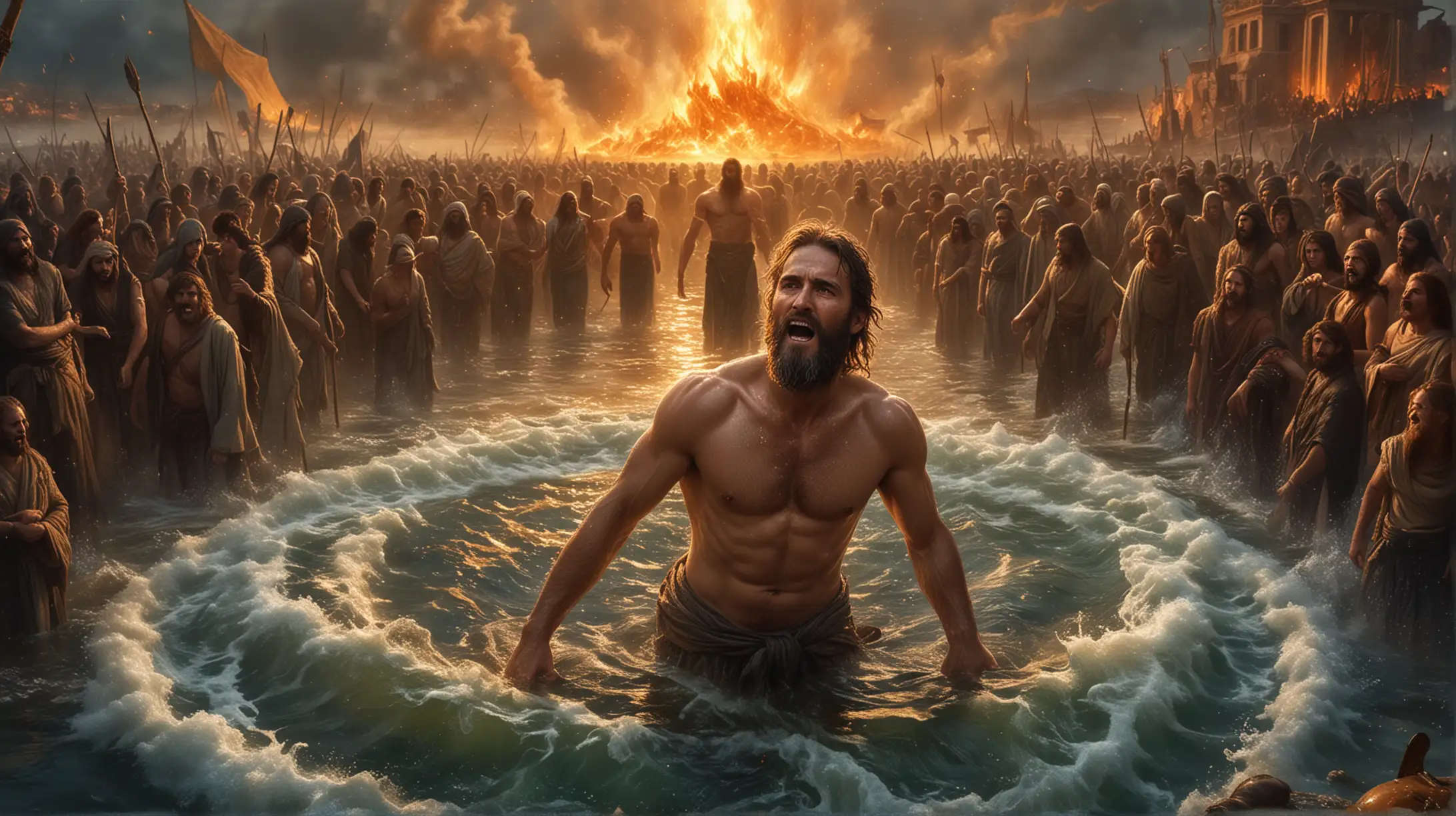 a man in a tub surrounded by many people in a crowd, epic biblical depiction, boiling, stands in a boiling pod of oil, boiling oil flames, charon the ferryman of hades, jesus walking on water, epic scene of zeus, beautiful image ever created, moses, epiphany, amazing art, by Krzysztof Boguszewski, sea of souls