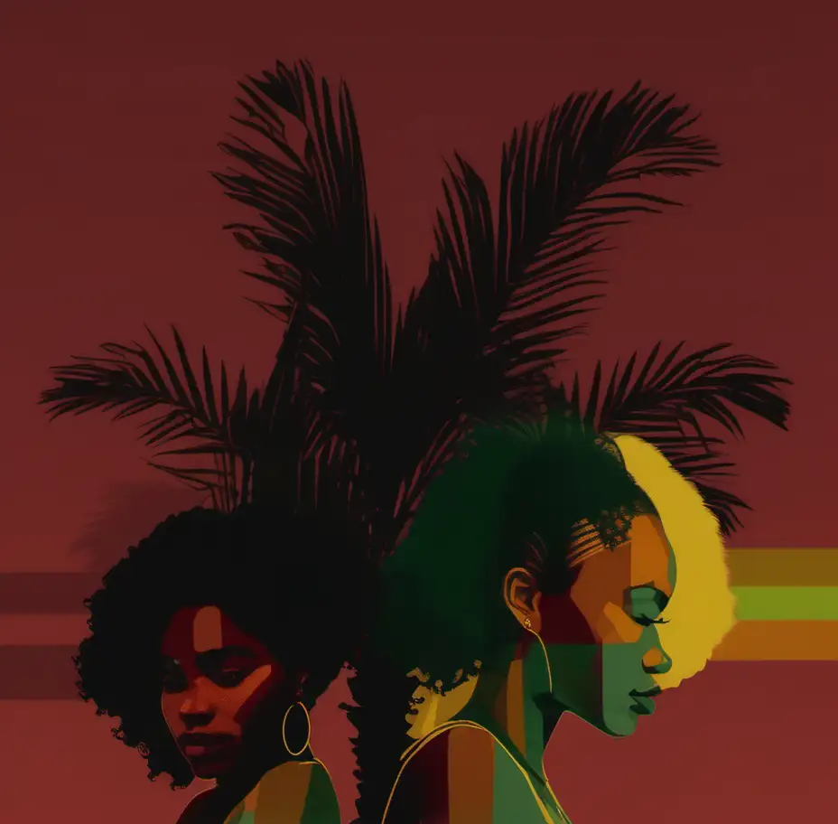 black woman
red, yellow and green 
background
hair is natural  in the shape of palm trees
use something similar to the image
no watermark
more animate
two beautiful woman 
make sure tp have palm trees
