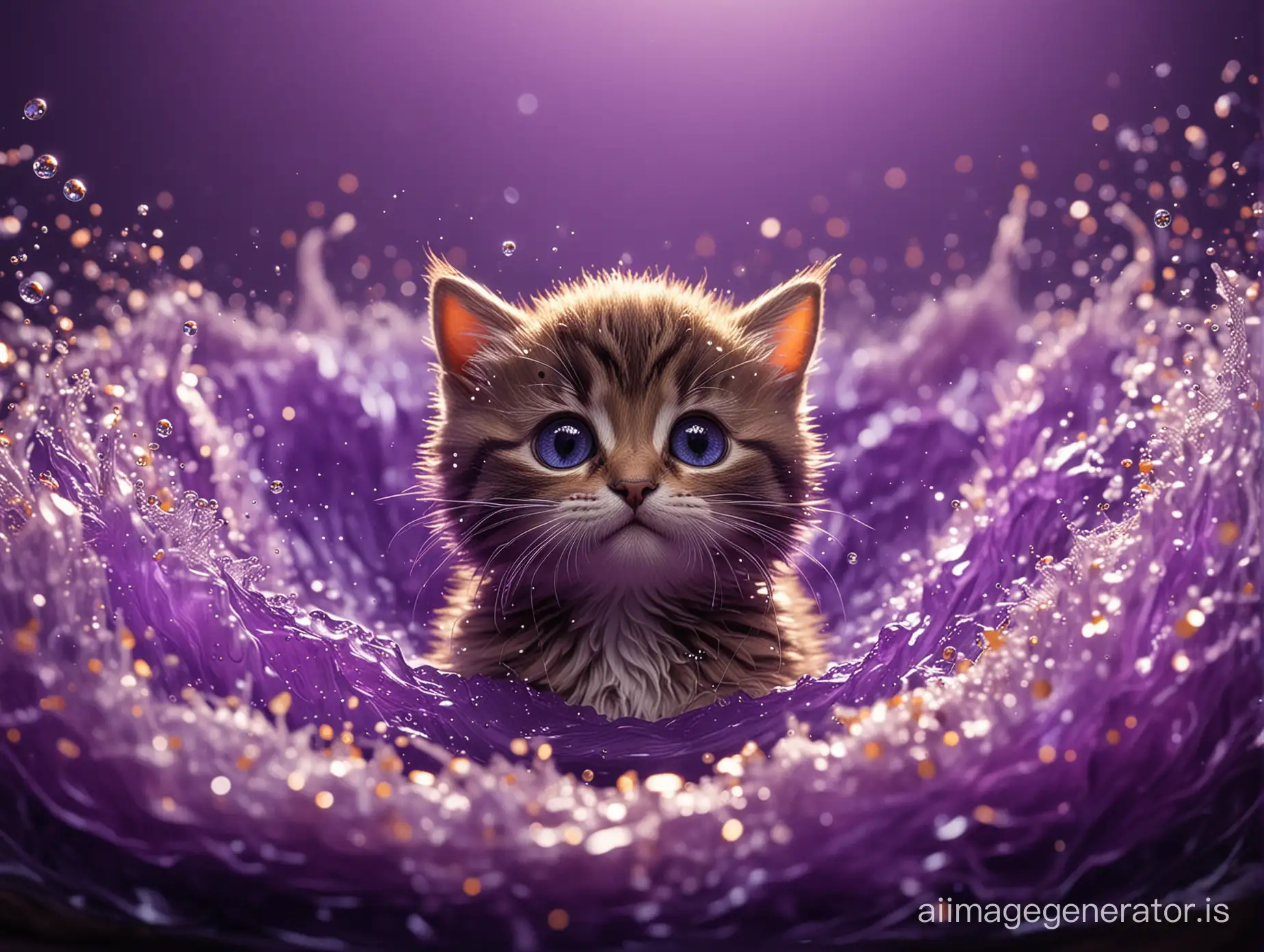 fantastically beautiful, super cute baby cat in a whirlpool of bright purple flow, toy art, huge expressive eyes, exquisite details, warm background, whirlwind of sparks, fantasy art, overdetalization, hyperrealism, bokeh and shimmering dust, chrysoberyl, flawless lines, high-precision detailing, chrysoberyl, best quality, cinematic, comic art, magnetic gradient Professional photography, bokeh, natural lighting, canon lens, shot on dslr 64 megapixels sharp focus