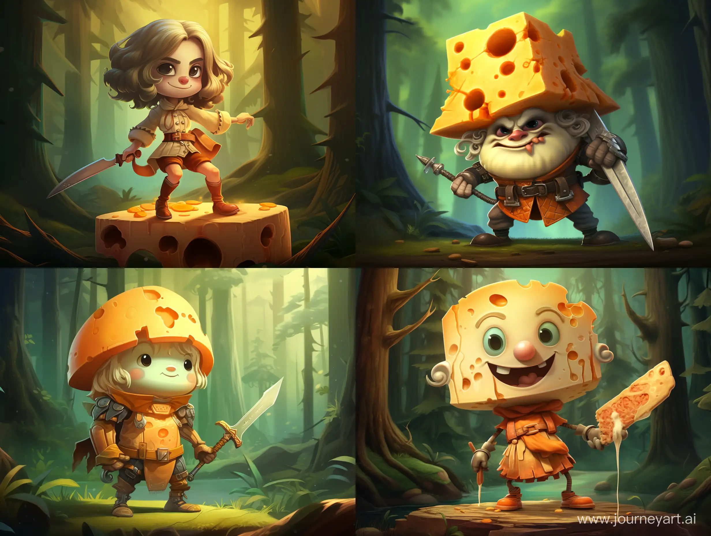 cartoony cheese on legs and a kilt,  with sword, in the middle of the forest 