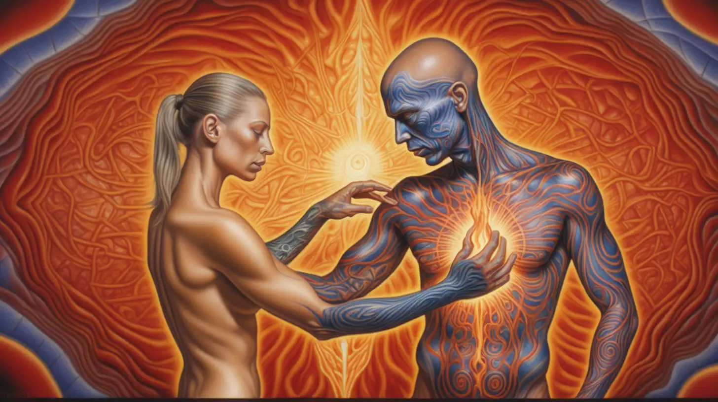 Prompt

/imagine prompt : an oil painting by Alex grey that shows a  tattoo artist performing a tattoo in somebody else.
Alex Grey has created this artwork depicting the metaphysical transfer of energy between a tattoo artist and their client during the process of giving a tattoo.
[oil painting]
 [full body]
[Alex Grey]


