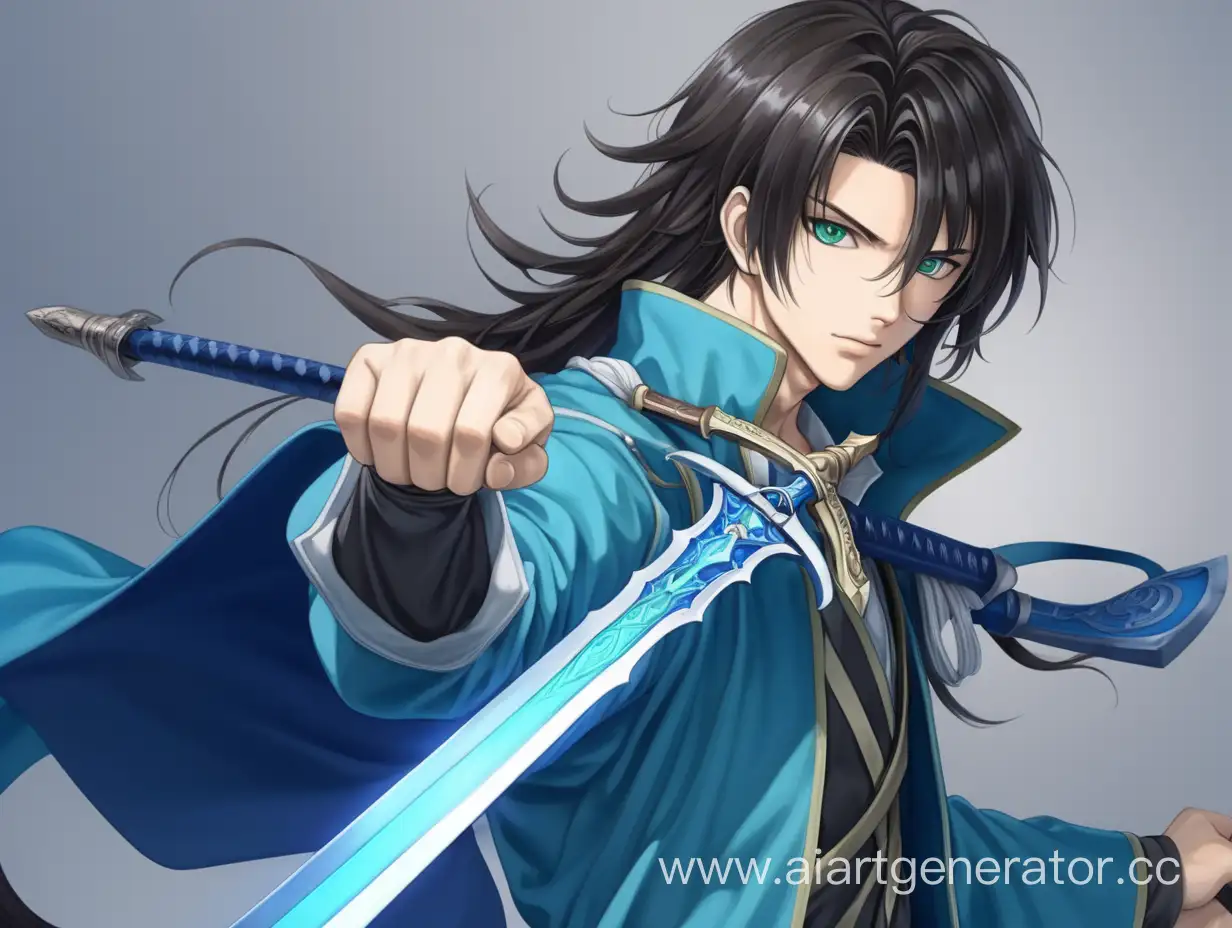 Аниме парень 20 лет брюнет с высоким пышным длинным хвостом зелёные глаза синяя одежда голубой меч в руках мягкие черты лица темные волосы 