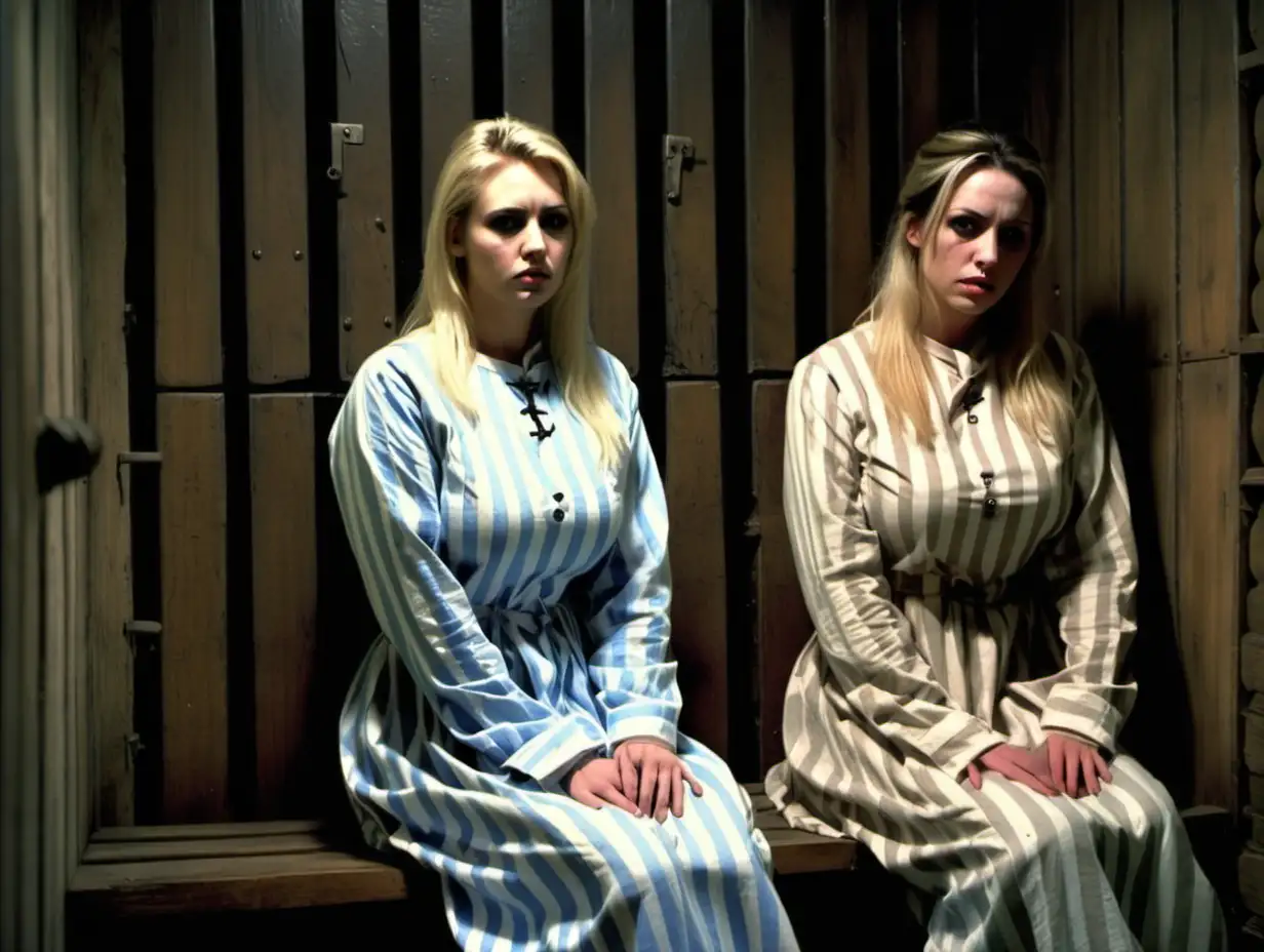 Two busty prisoner woman (30 years old, same dress) sit on a bench(far from each other)in a dungeoncell (wooden walls, small window) in dirty ragged blue-white vertical striped longsleeve midi-length buttoned gowndress(blonde or brunette tied back hair, collarless, roundneck, sad and desperate), look into camera, warm colors