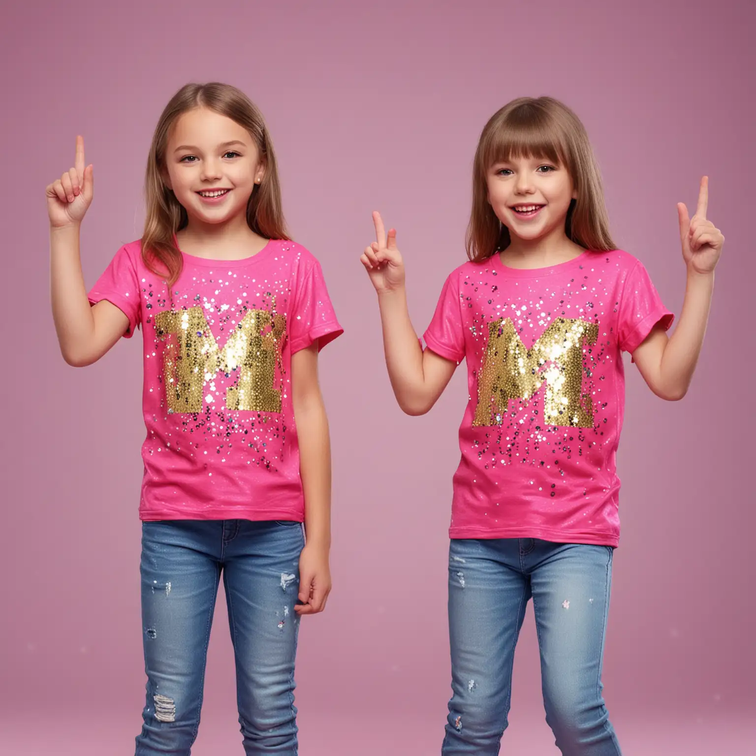 two girls aged 8-10 years old. wearing bright colored tee shirts with sequins on them.  they are having fun dancing to Taylor Swift music. solid colored background. close up. hyper realistic. glitter.