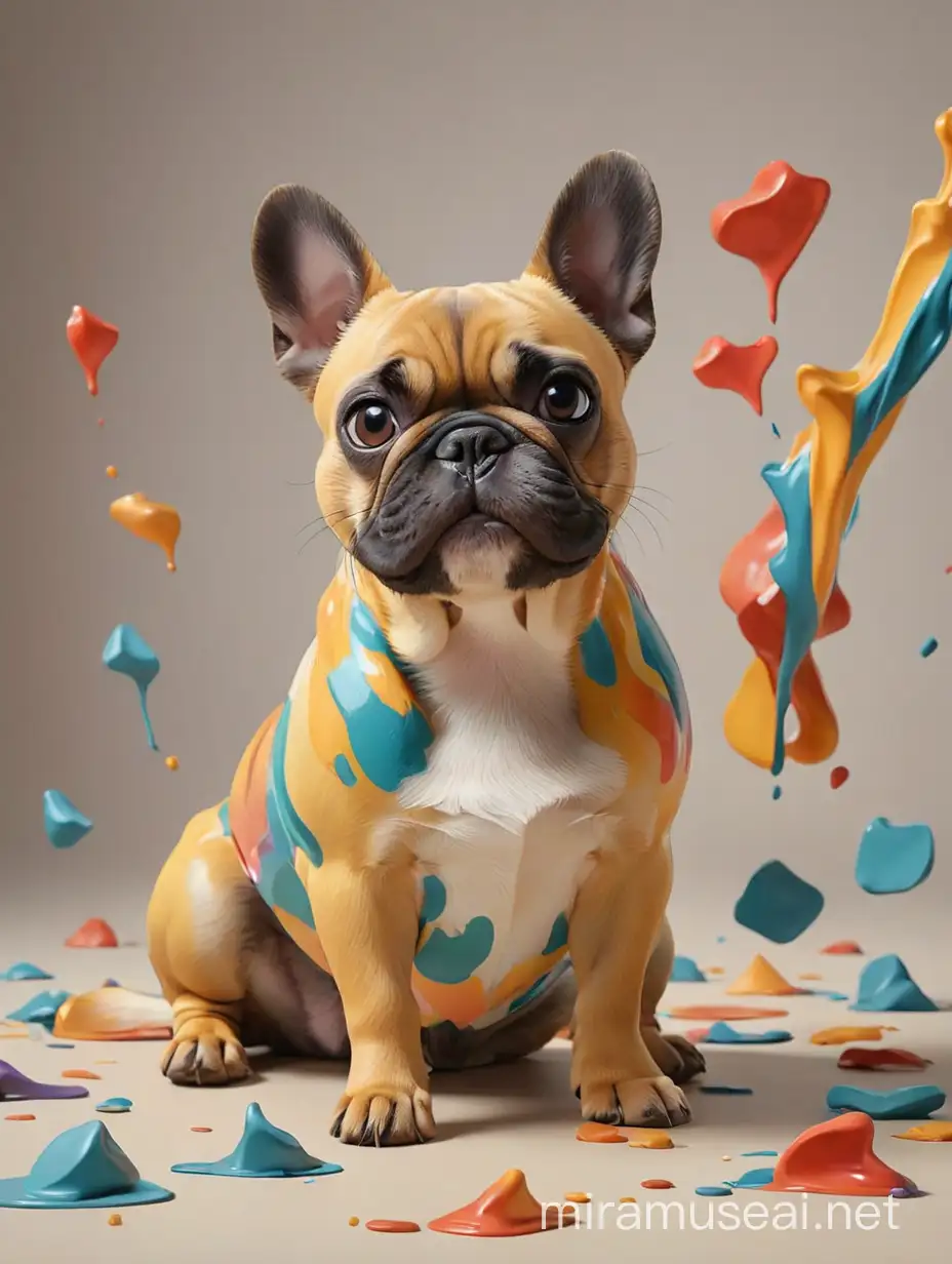 art movement focused on emotional impact through free-flowing shapes and colors, often without depicting real objects, with tiny French Bulldog sitting on the foreground