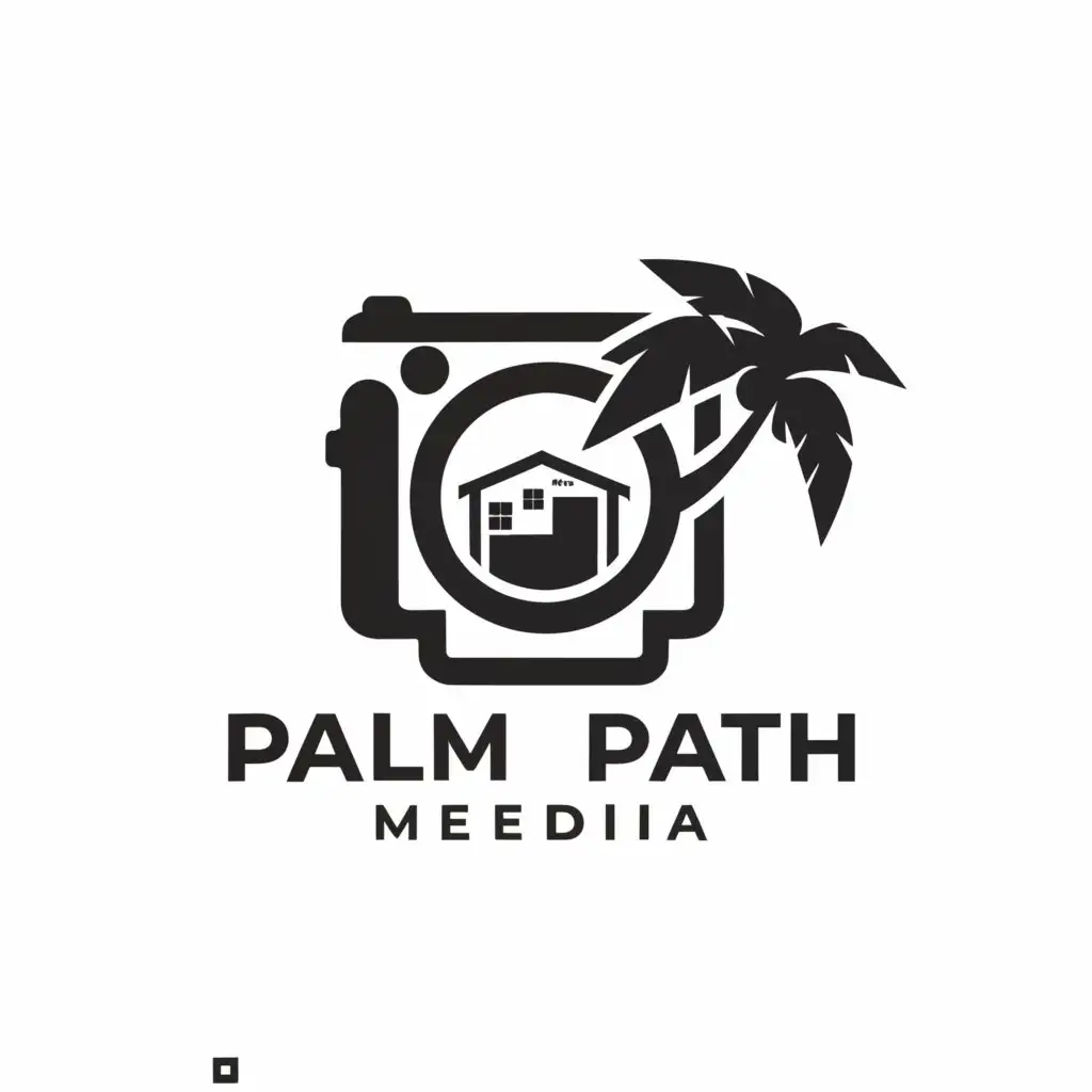 a logo design,with the text 'palm path media', main symbol:a camera with a house in the lens and a palm tree, Minimalistic,clear background, subtext saying 'real estate photography'