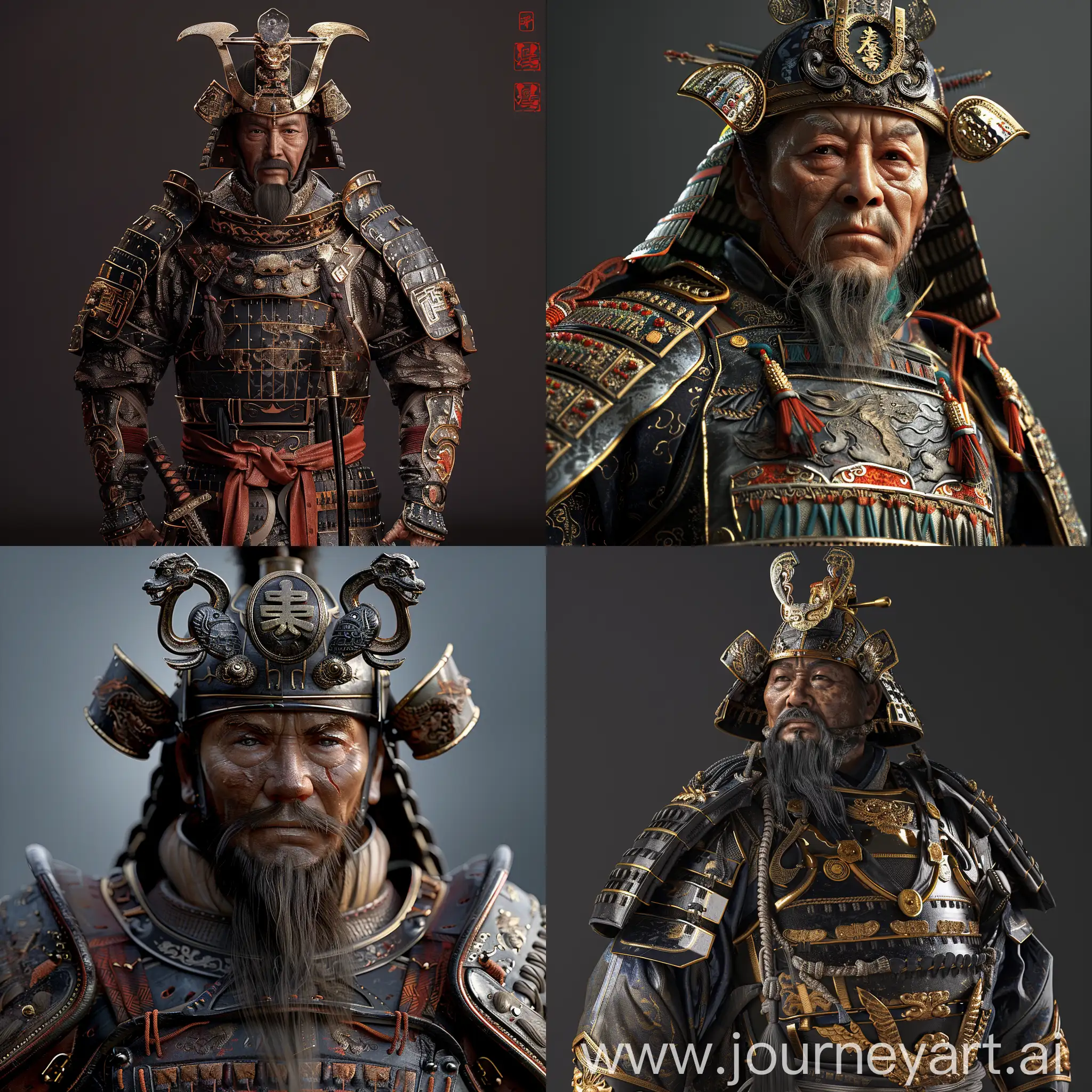 Photorealistic, 3d rendered, Chinese Emperor in samurai armor