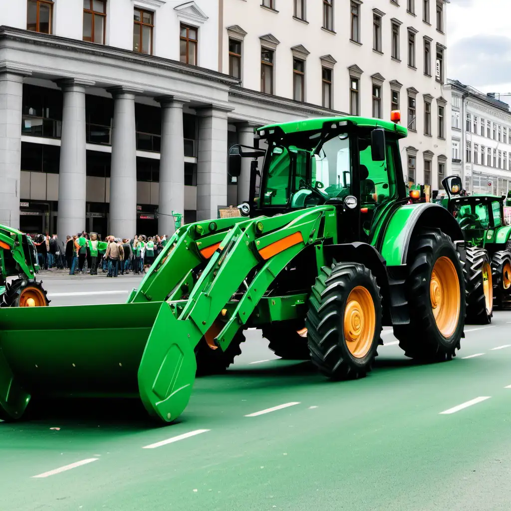 ładowarka Striegel zielona na tle wielu innych traktorów stojących na drodze publicznej w centrum miasta. Tło z protestującymi rolnikami w traktorach.