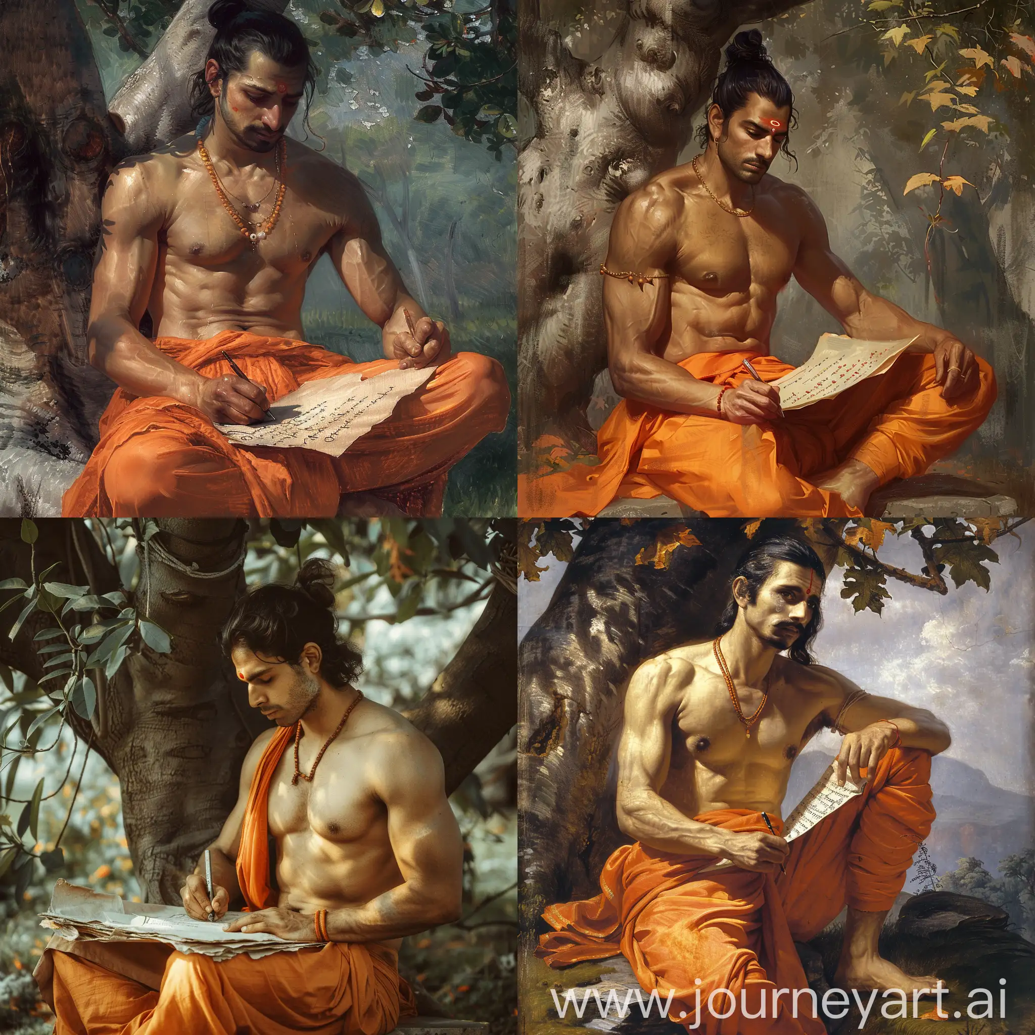 An Indian sage sitting under a tree and writing on old paper.  He is fit, athletic, wears orange yoga style pants, his chest is bare but has a loose cloth in orange covering one side of it.  He sports a half hair bun and the rest of the hair flows down to his shoulder
