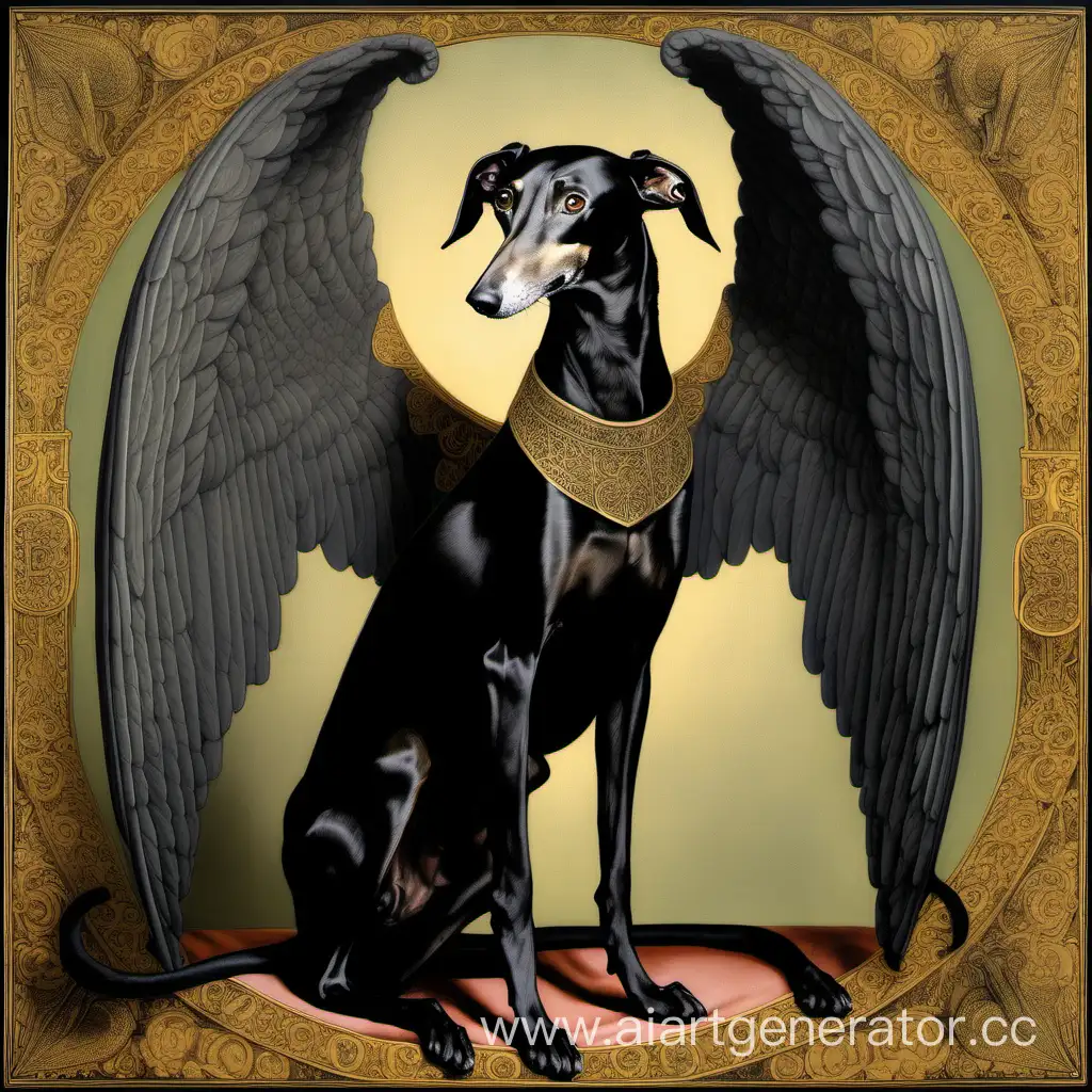 Galgo noir assis avec de grandes ailes d'ange de à la manière Jan Van Eick