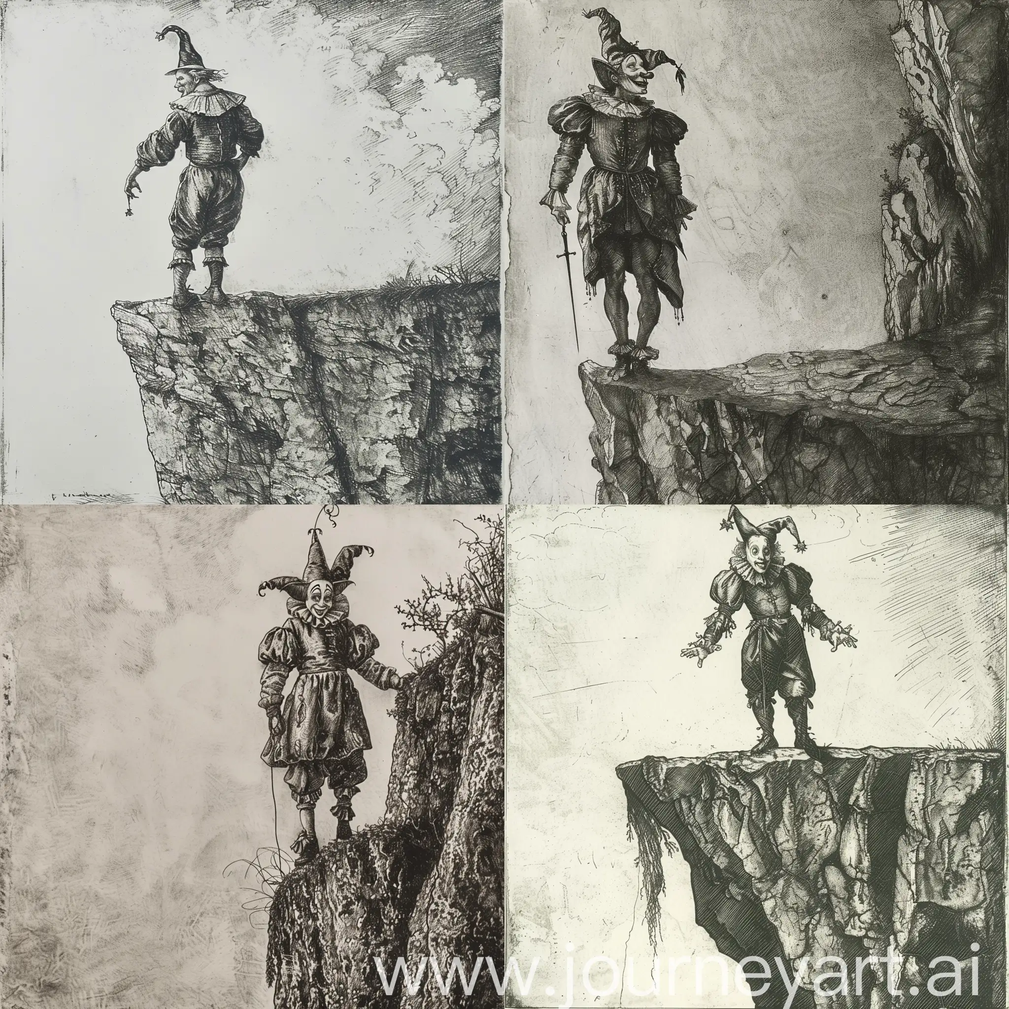 albrecht durer style etching of a court jester standing on the edge of a cliff, medieval style etching