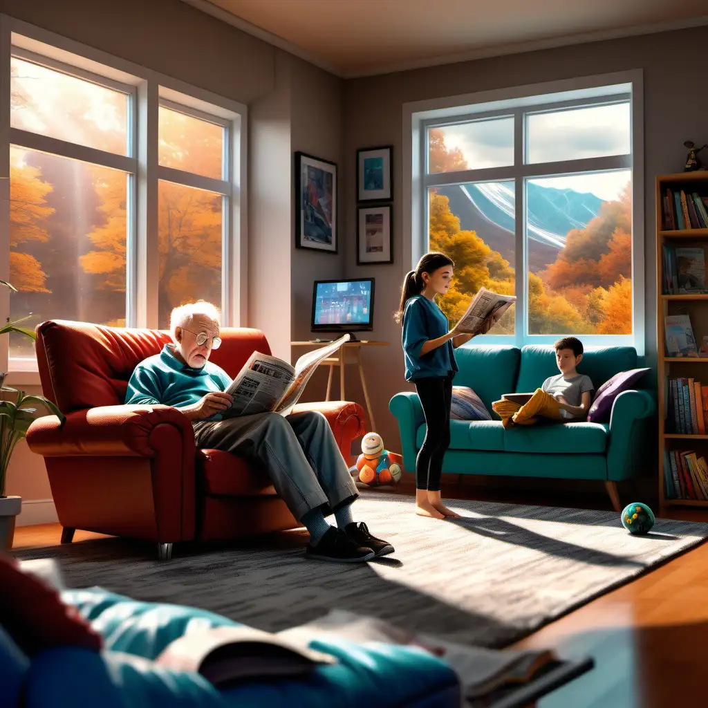 Multigenerational Harmony Cozy Living Room with Grandpa Teen Adult and Child