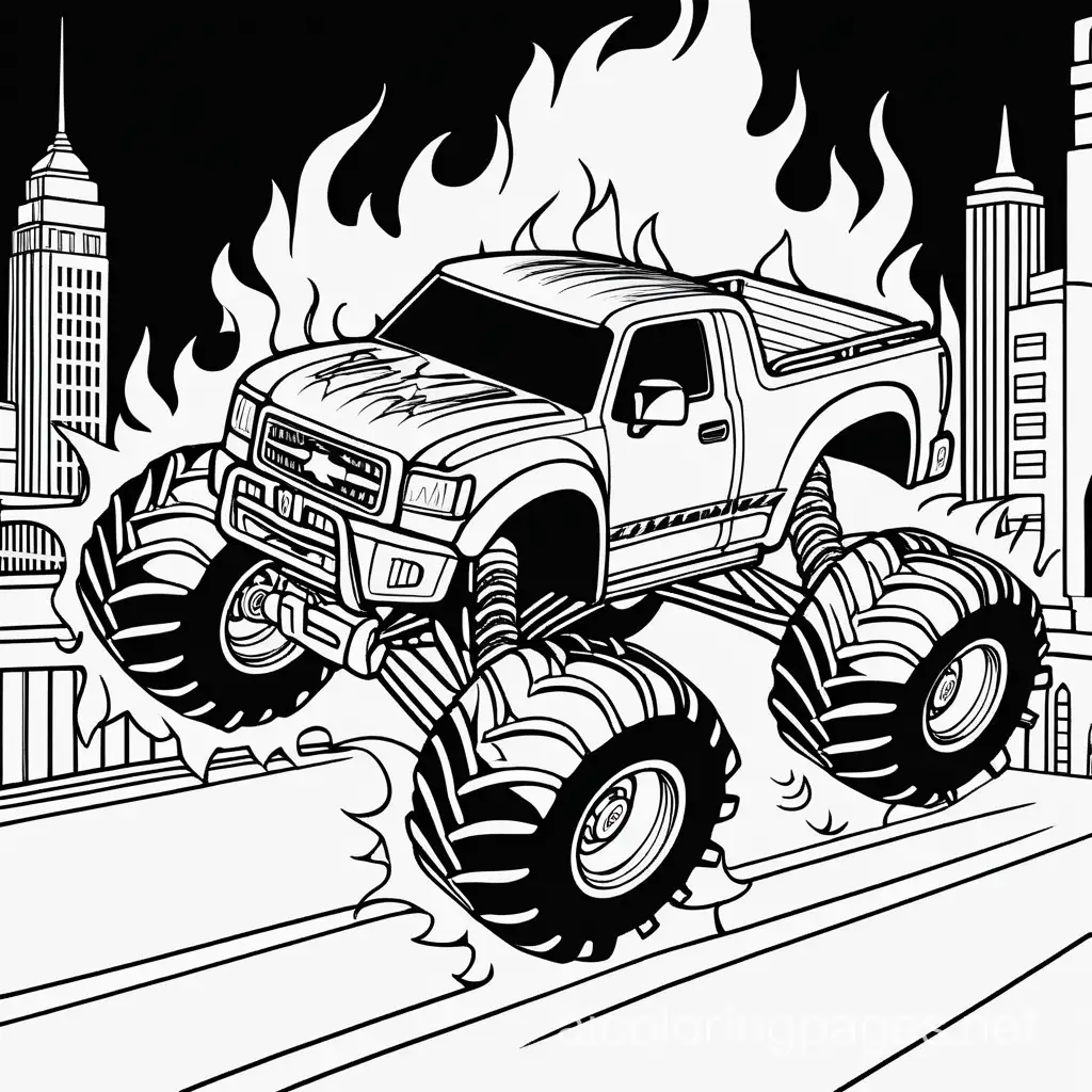 Monster truck with big flames in night city

, Coloring Page, black and white, line art, white background, Simplicity, Ample White Space. The background of the coloring page is plain white to make it easy for young children to color within the lines. The outlines of all the subjects are easy to distinguish, making it simple for kids to color without too much difficulty