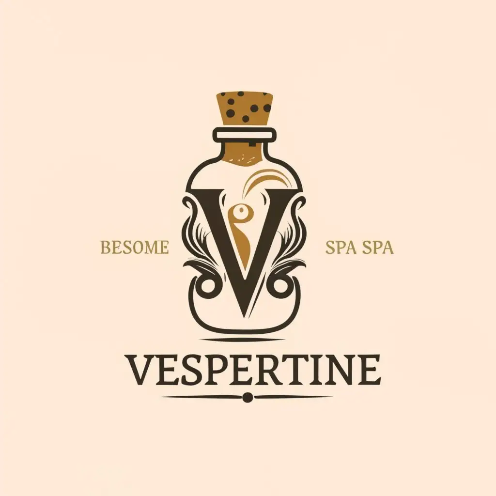 logo, bottle shaped like the letter V, with the text "Vespertine", typography, be used in Beauty Spa industry