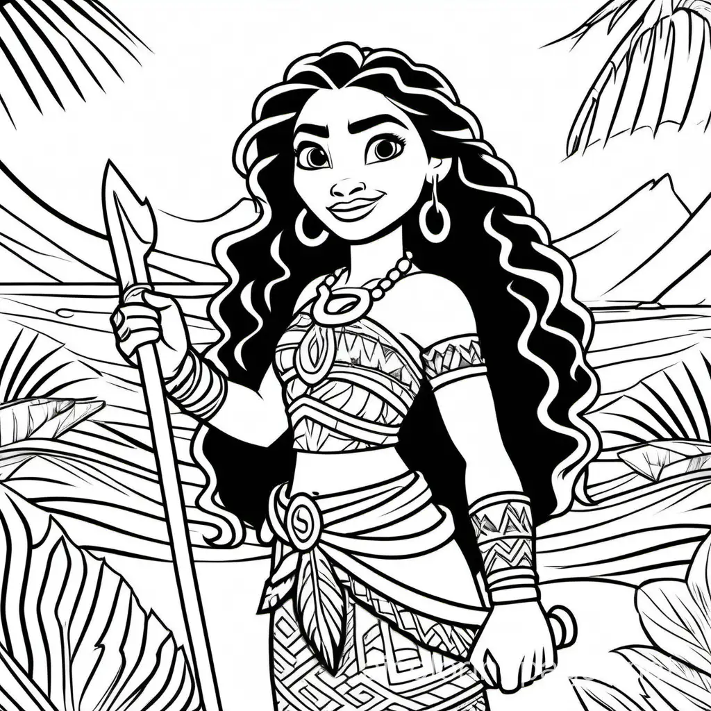 moana, Coloring Page, black and white, line art, white background, Simplicity, Ample White Space. The background of the coloring page is plain white to make it easy for young children to color within the lines. The outlines of all the subjects are easy to distinguish, making it simple for kids to color without too much difficulty