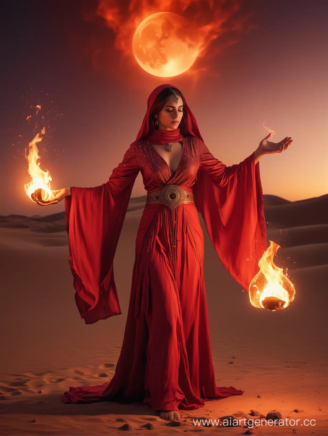 Woman in arabian crimson dress, surrounded by flames, using fire magic, desert under red moon